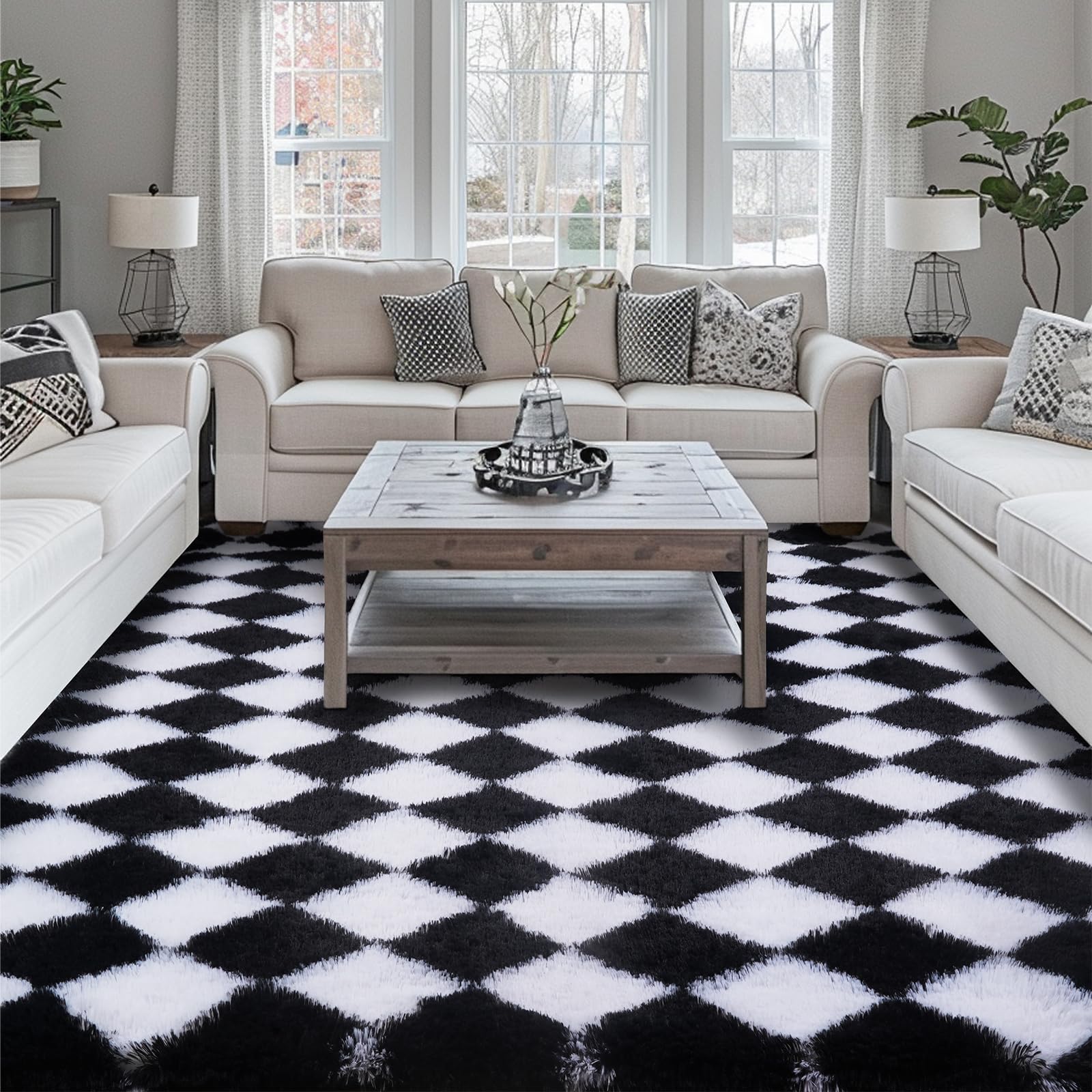 FVVRAX Checkered Fluffy Rug for Living Room 200x300cm, Black and White Extra Large Plush Shaggy Area Rug for Bedroom, Long Pile Non-Slip Modern Geometric Floor Carpet, Low Shedding — image 1