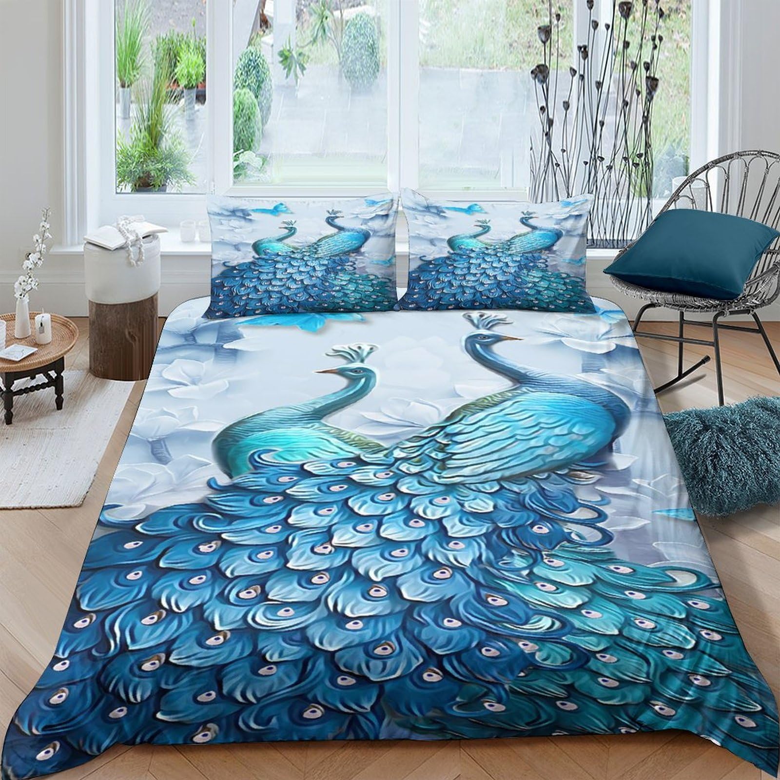 Ctjqhvkz Style-10 3D Printed Blue Peacock Fitted Sheet Microfiber Soft Anti-Slip Artistic Feather Mattress Cover For Bedroom Guest Room Home Decor Single（135X200cm）