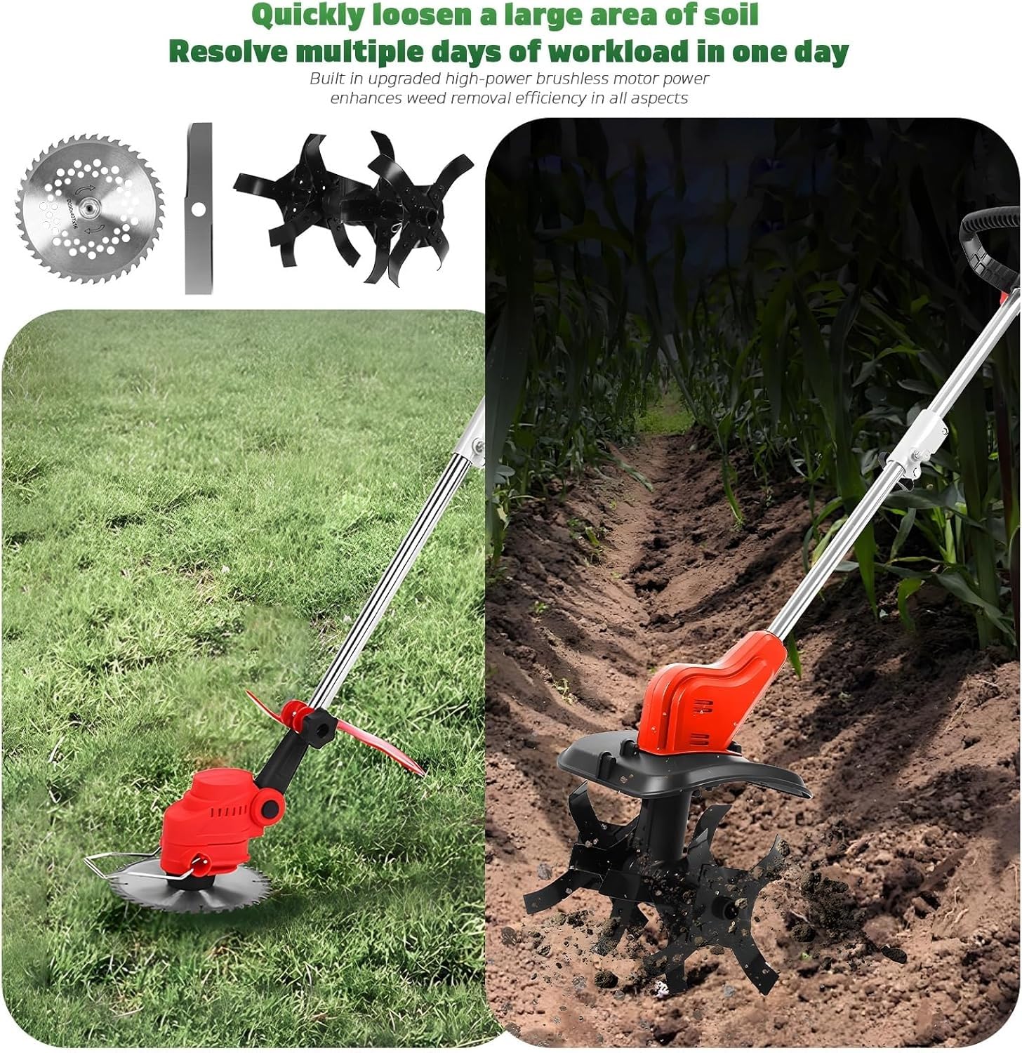 Motoazada y Recortadora de jardín eléctrica Multifuncional, cultivadora de Altura Ajustable, batería Recargable, Mango ergonómico for huerto, montaña, huerto.