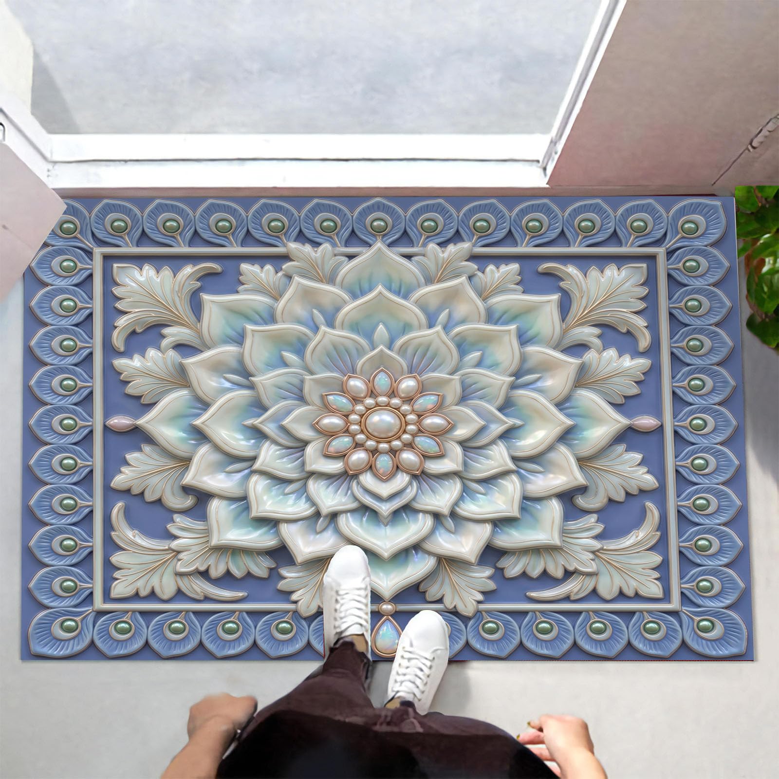 Zerbino Ingresso Interno Rilievo Tridimensionale A Forma Piuma Mandala, Zerbino Di Benvenuto Lavabile Morbida Fiori Perle Esotici, Antiscivolo Tappeto Da Decorazioni Blu Per Casa Porta, 90X150Cm