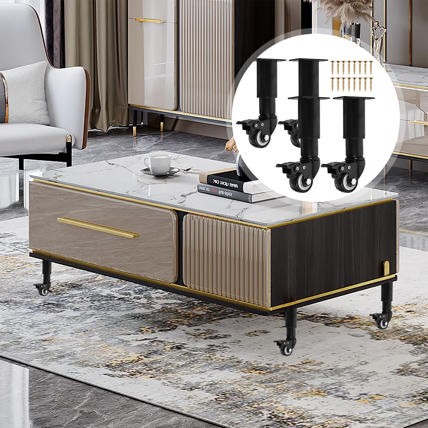 4 Piezas Patas Regulables para Muebles con Ruedas, Giratorias 360 ​​​​Grados Patas para Muebles, Patas Regulables 14,5-16 cm, Adecuadas para Mesitas de Noche, Zapateros, Mesas de Café, Etc (negro)