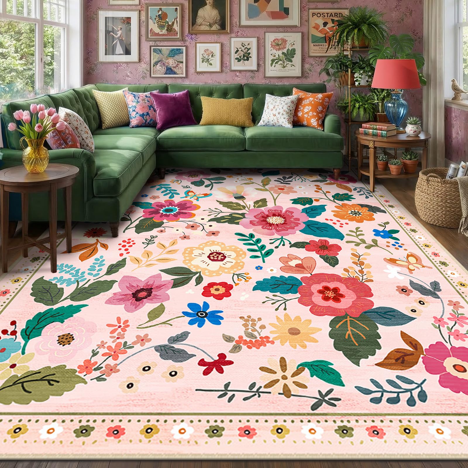 Photo 1 of ** SIMILAR IMAGE**RELEANY Floral 8x10 Area Rugs Washable Print Boho Cute Carpet Non Slip Flower Low Pile for Living Room Bedroom Kitchen Office Farmhouse-Pink