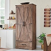 72" Farmhouse Kitchen Pantry Cabinet with Barn Doors, Adjustable Shelves & Drawer - Rustic Wood Storage for Kitchen, Bathroom