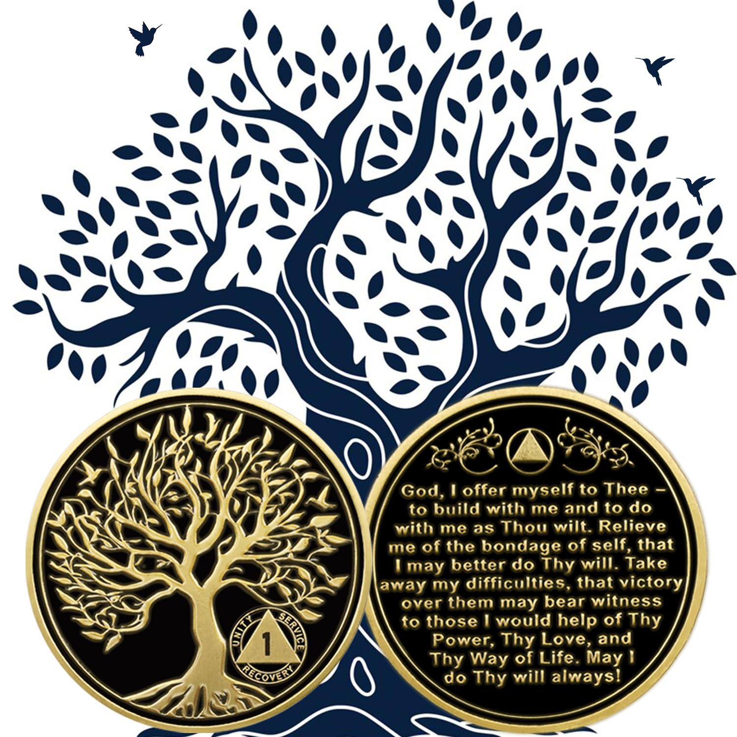 Femicgal 1 Year Sobriety Coin, Tree of Life AA Coins, AA Chips and Medallions, Recovery Sobriety Chip Sober Token, Sobriety Gifts for Men Women,