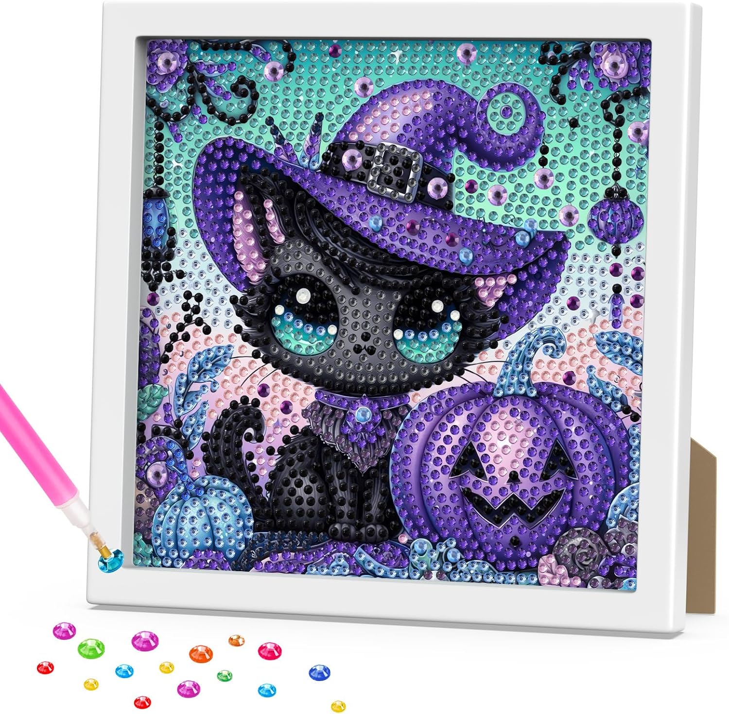 RICUVED Halloween Diamond Art Painting Kits for Kids, Black Cat Diamond Art Kit with Frame for Adults Beginners, Pumpkin DIY Mosaic Gem Kits Ages 6-8-12 Art and Crafts for Gift Home Decor 7x7 Inch