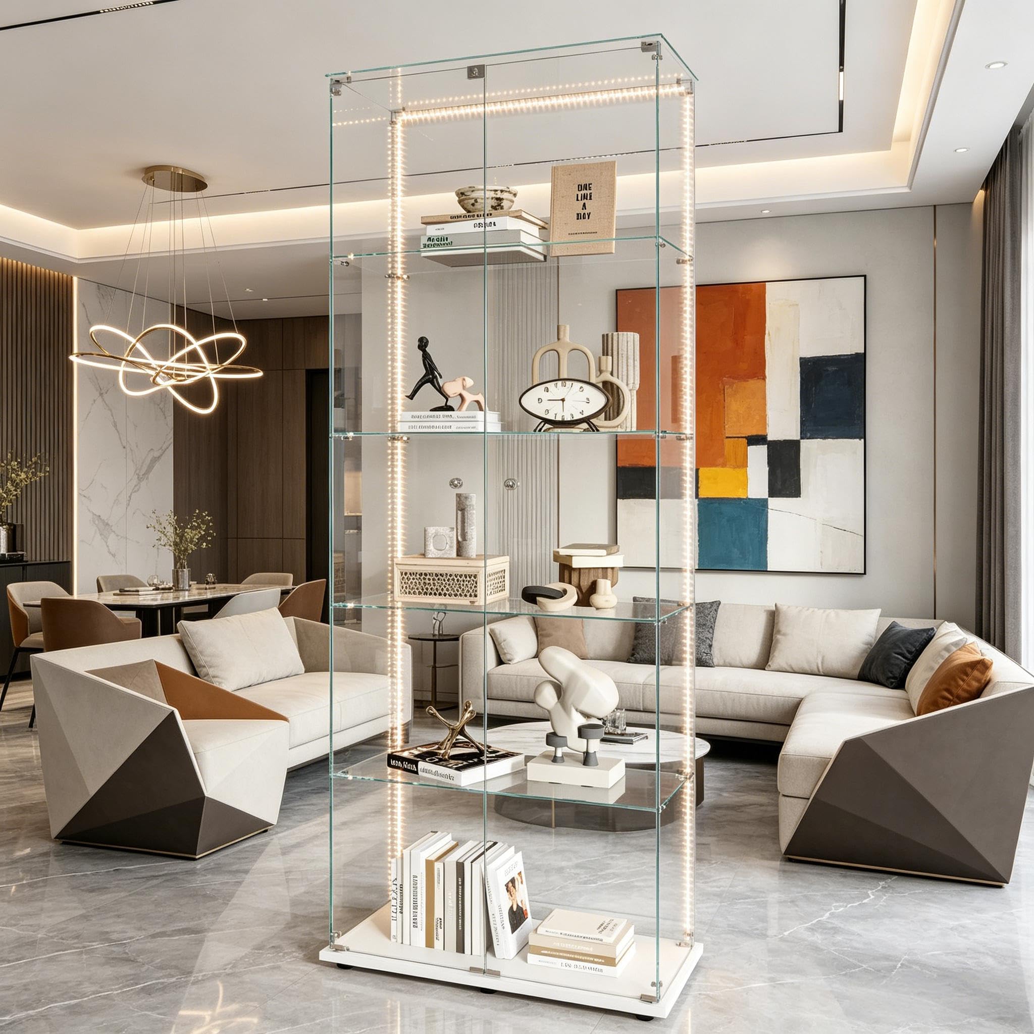 Vitrina de Cristal Expositor con LED y Cerradura, Vitrinas de pie de Cristal con 5 Estantes Ajustables y 2 Puertas, Armario Vitrina Moderne para Colección Armario de Pie de Cristal(Blanco,81x37x183)