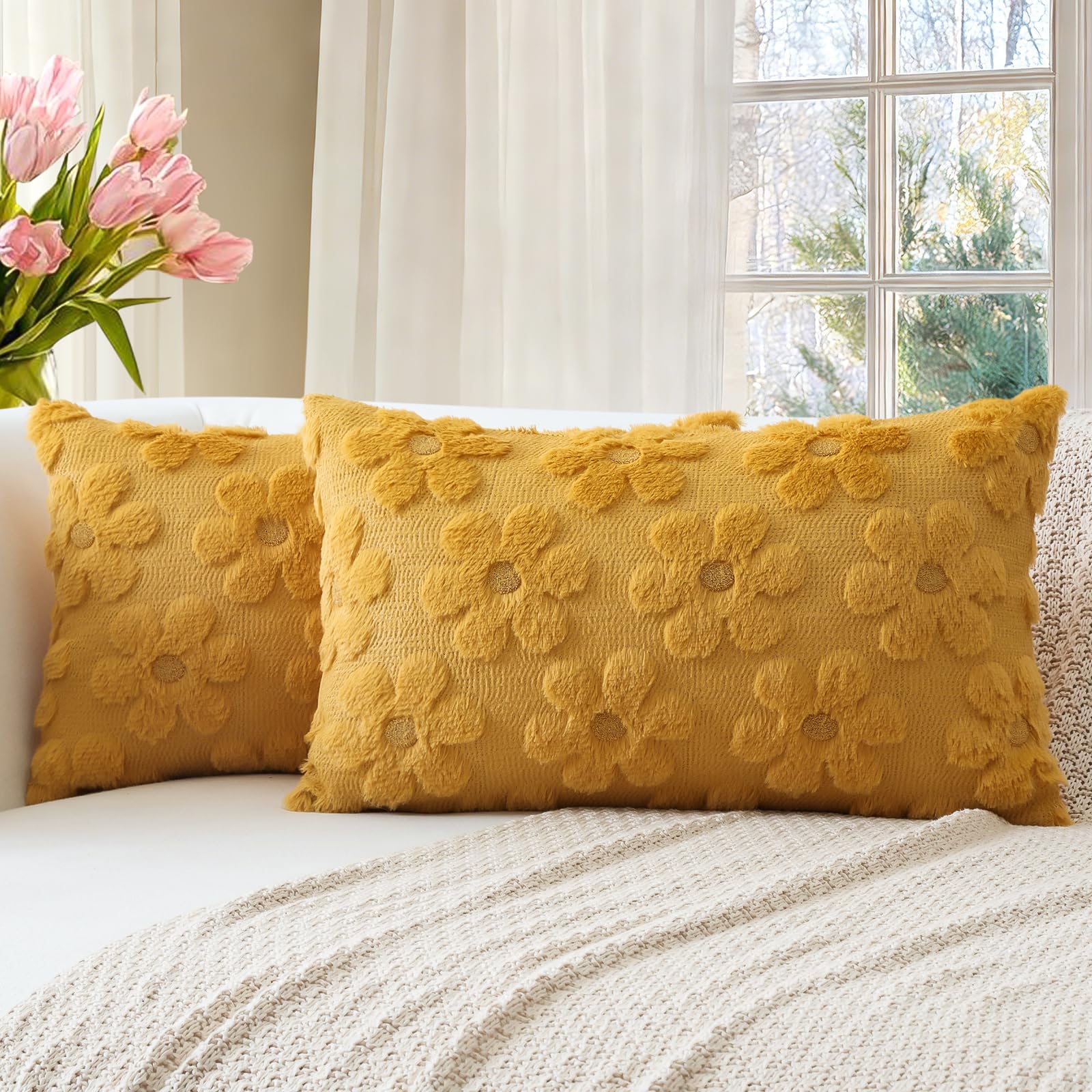 Artscope Spring Summer Cushion Covers Set of 2 Flowers Throw Pillow Covers for Sofa 30x50cm Lumbar Seasonal Soft Plush Short Wool Velvet Cushion Case Holiday Decor Mustard Yellow โ image 1