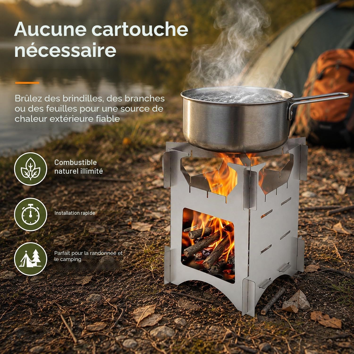 Mini réchaud à bois de camping portable, 10 x 10 cm, pliable, amovible, léger en acier inoxydable avec sac de transport, pour l'extérieur, les voyages, la randonnée et le pique-nique
