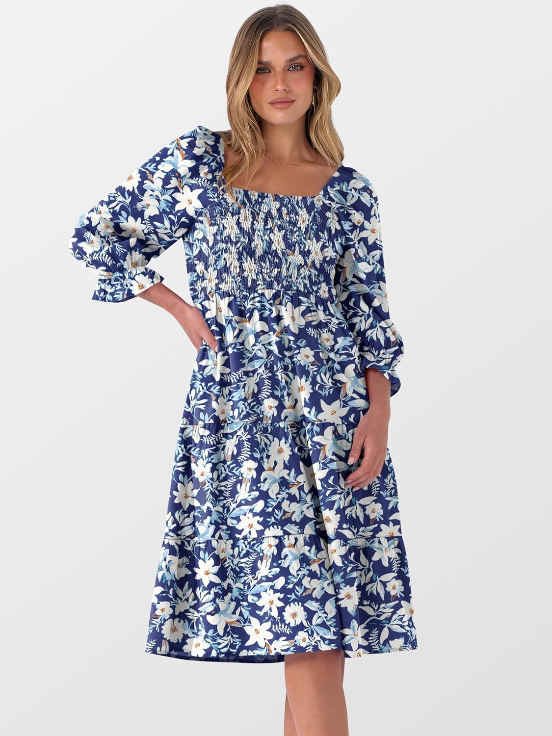 Caracilia Women 3/4 Sleeve Square Neck 2026 Summer Fall Wedding Guest Floral Smocked Casual Boho Midi Dresses - Image 4