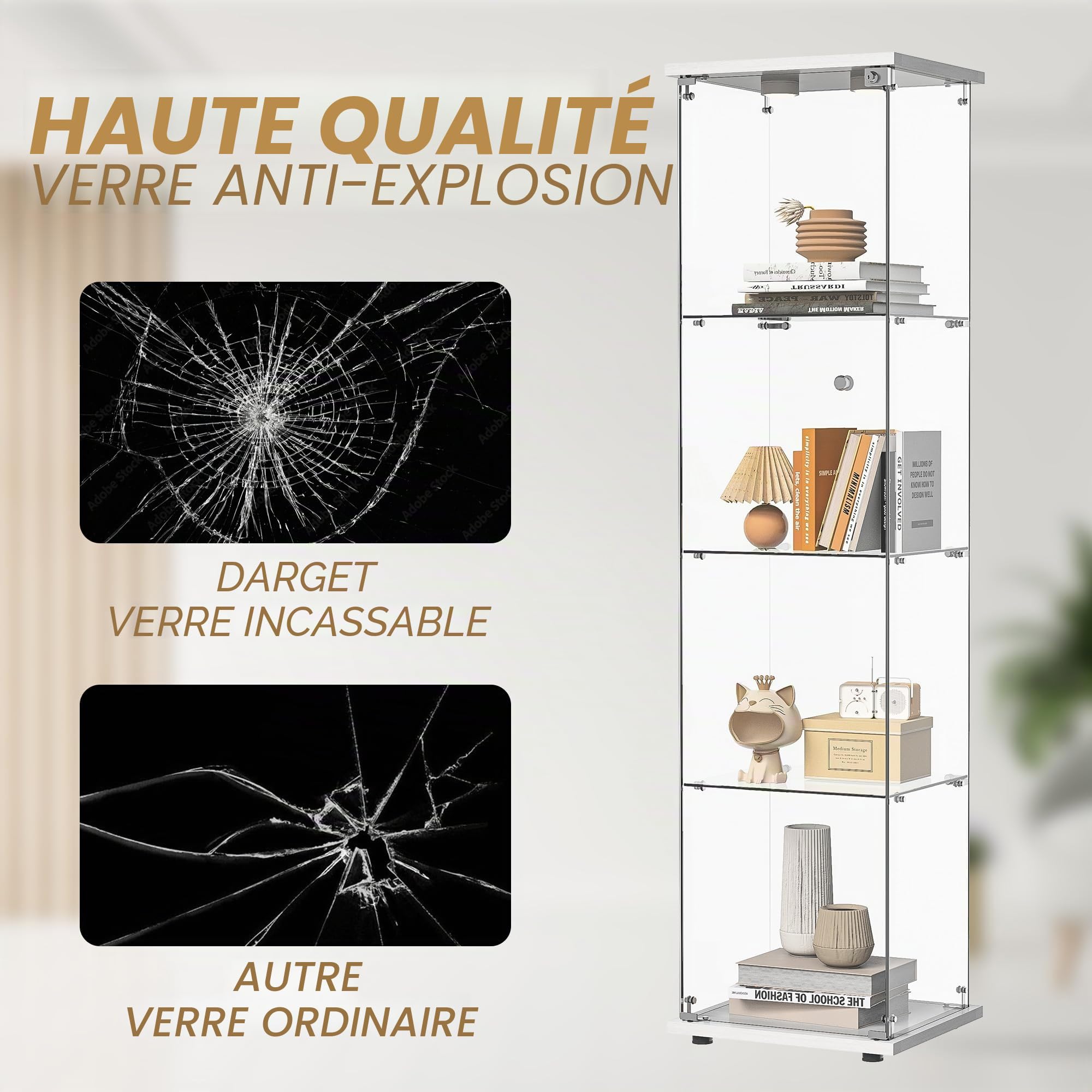 Vitrine en Verre avec LED,Armoire Vitrine pour Collection,1 Portes à Serrure,4 Étagères Adjustables, 164x42x36cm, Blanc