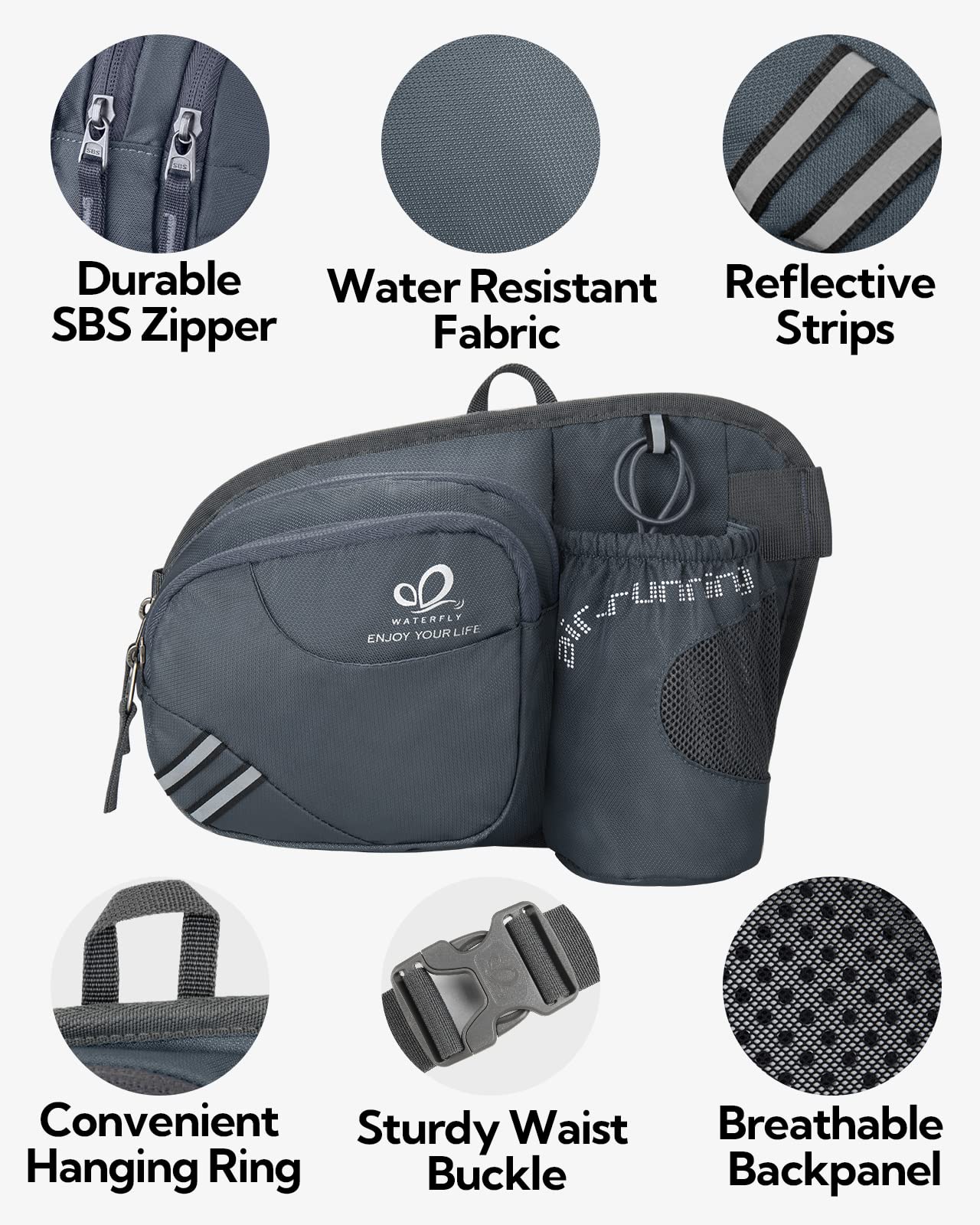 Waterfly Sac banane étanche avec porte-bouteille, gris