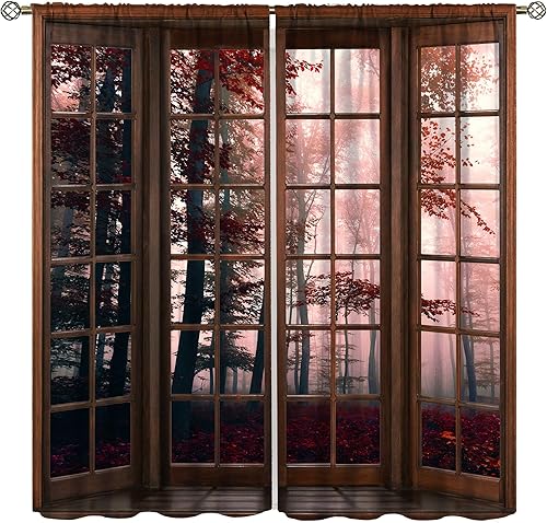 Miniatura 9 de Cortinas opacas de paisaje de bosque de cerezo, tratamiento de ventanas con patrón de cerezo en blanco y negro, rojo, diseño de bosque, cortinas de