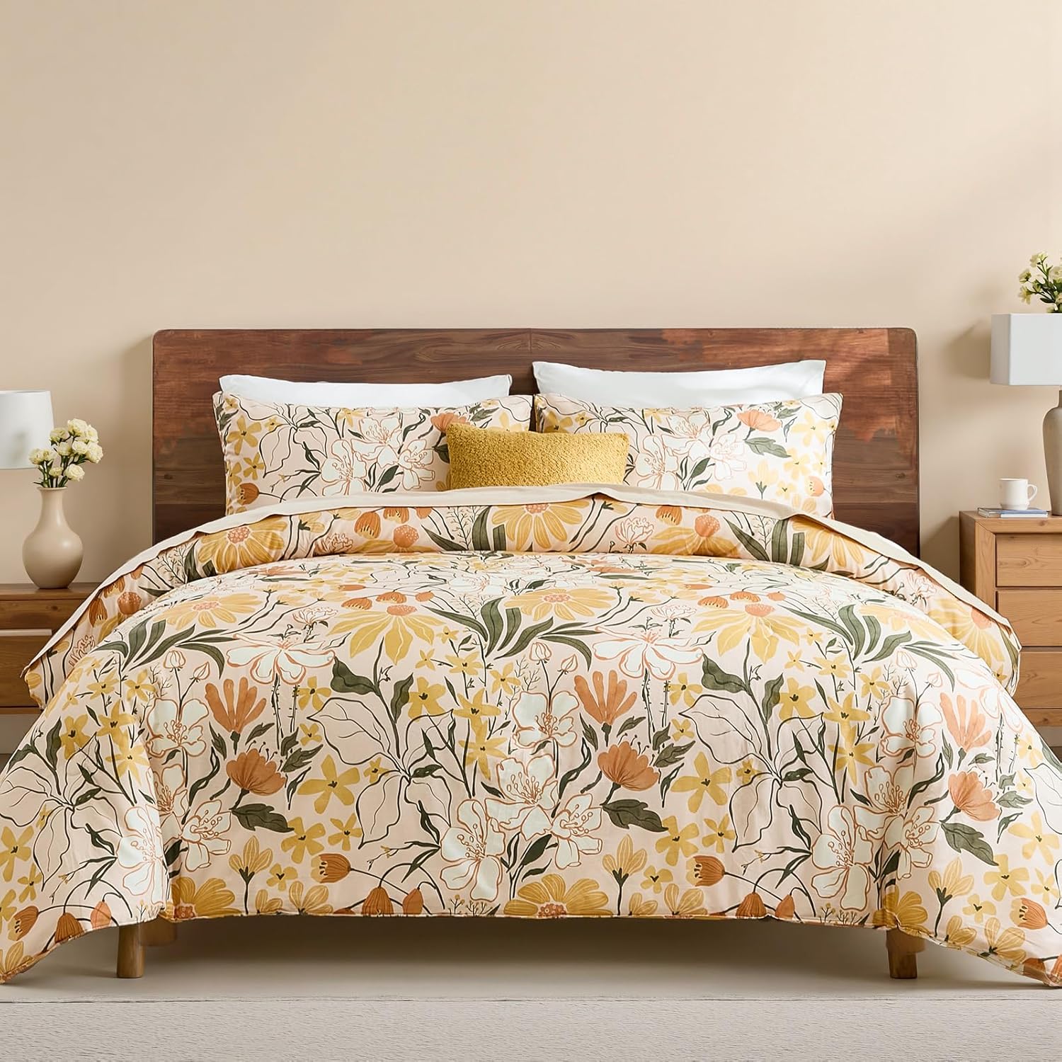 Bedorm 100% Cotton Comforter Set Queen Floral Bedding Set Yellow Flower Green Leaf Print French Country Bedding Extra Soft & Breathable Bedroom Comforter