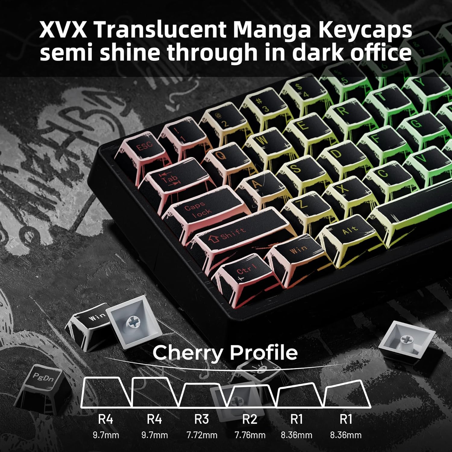 XVX Black Translucent Keycaps,PBT Keycap Set Cherry Profile,Dye Sublimation Graffiti Keyboard Keycaps Suitable for 60% 65% 75% 80% 100% MX Switches Mechanical Keyboard