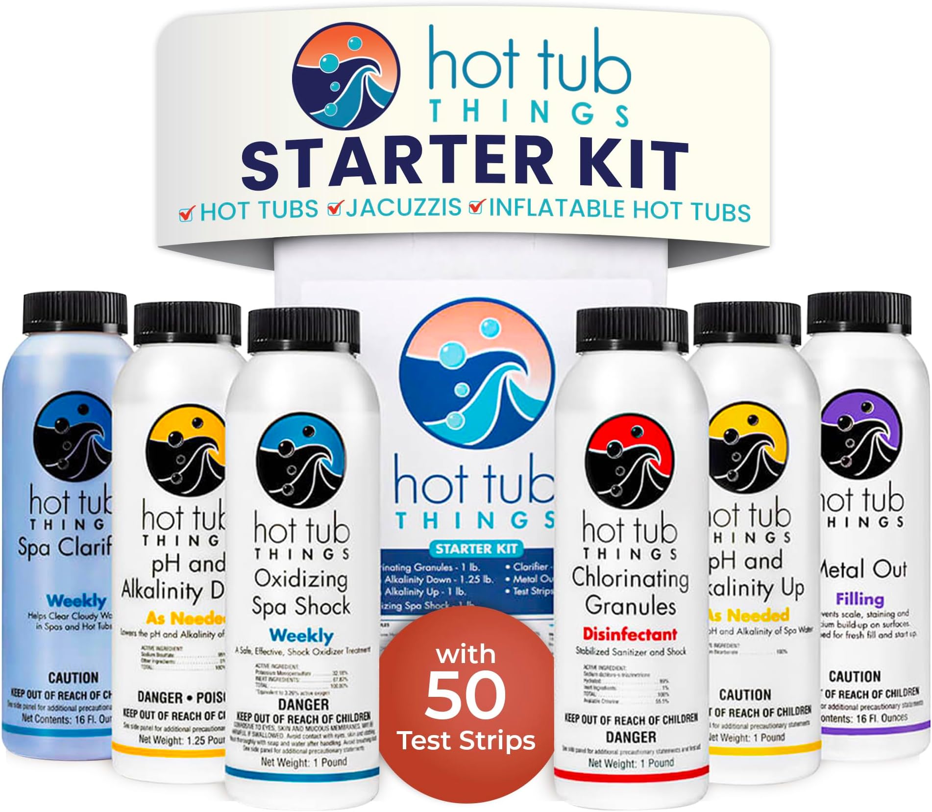 Hot Tub Things - Chlorine Starter Kit - Hot Tub Chemicals Kit for Spa & Jacuzzi Maintenance, Pool Shock, Chlorine Granules, Test Strips, Alkalinity Up & Down, Clarifier, Metal Out, Oxidizer - 1 lb