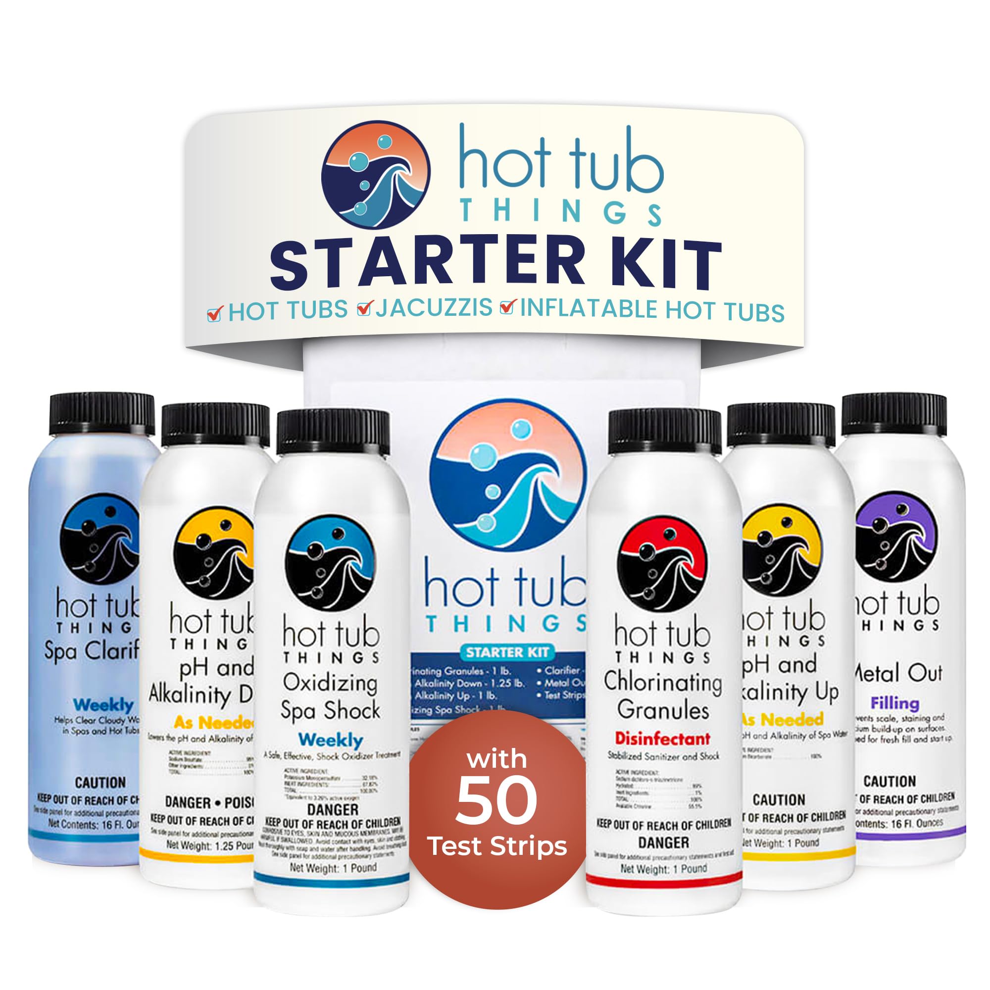 Chlorine Starter Kit - Hot Tub Chemicals Kit for Spa & Jacuzzi Maintenance, Pool Shock, Chlorine Granules, Test Strips, Alkalinity Up & Down, Clarifier, Metal Out, Oxidizer - 1 lb