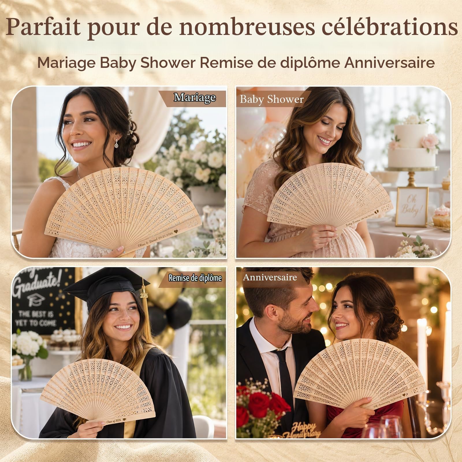 Lot de 50 Eventail Mariage Personnalisable,Éventail Personnalisable | Evantaille Bois avec Nom Texte ou Date,Cadeaux Invités Mariage,Souvenirs EVJF,Baby Shower,Décoration Cérémonie Fêtes d'Été