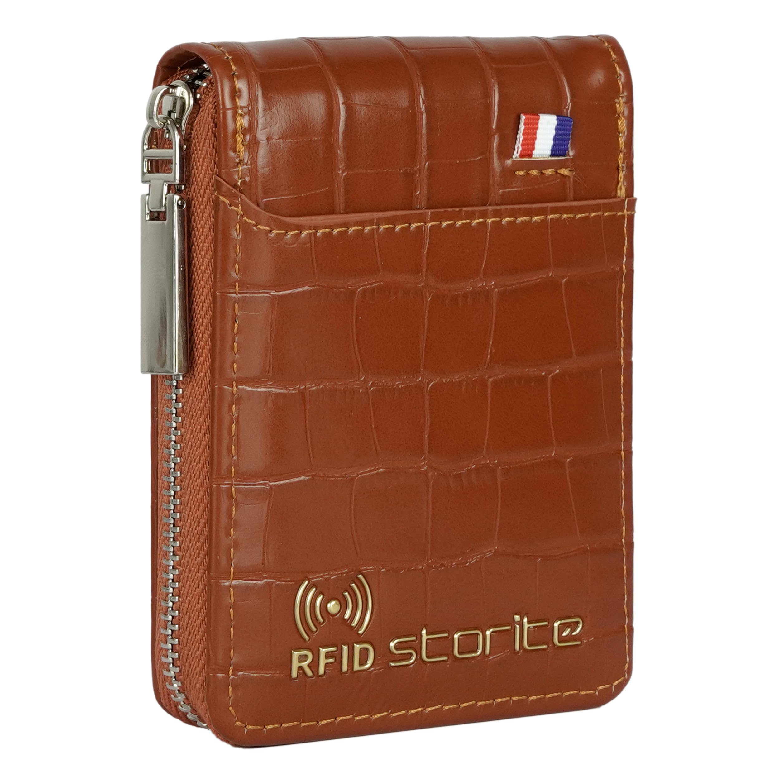 Storite RFID Protected PU Leather 9 Slot Vertical Credit Debit Card Holder Money Wallet Zipper Coin Purse for Men Women (Brown-11.5X 2 X 8Cm)