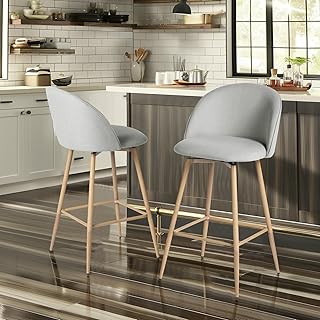 Homy Casa Set of 2 Counter Height Bar Stools, 360° Swivel, Gray Upholstered Seat with Oak Wood Print Metal Legs – Ideal for Kitchen, Dining Room, and Bar – 26” Seat Height