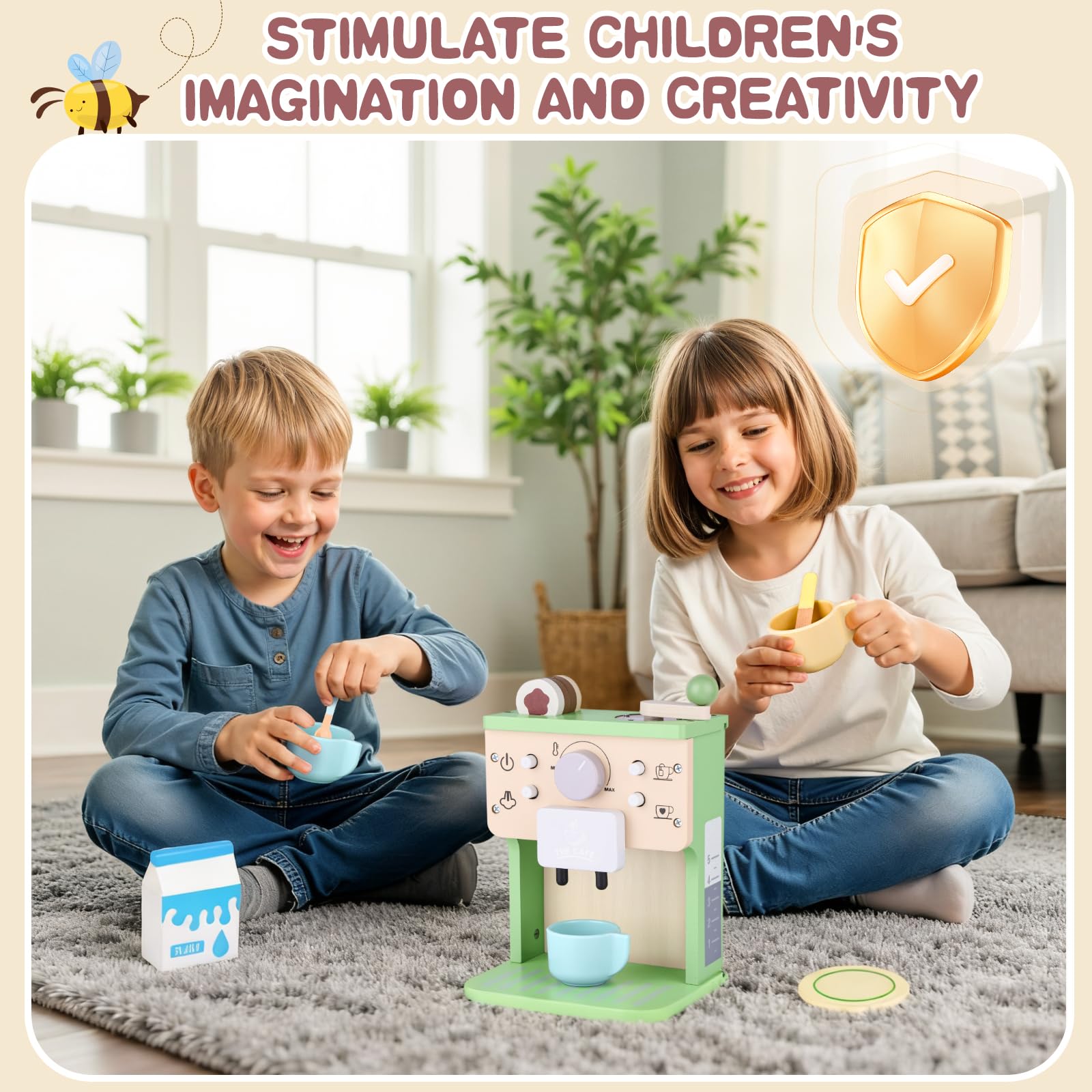 Cafetière en Bois Bébé, Jouet Jeux de Rôle Éducatif, Machine à Café Jouet Boulangerie Nourriture Accessoire Dinettes Cuisine, Cadeau Créatif Anniversaire Pâques Noël Enfant