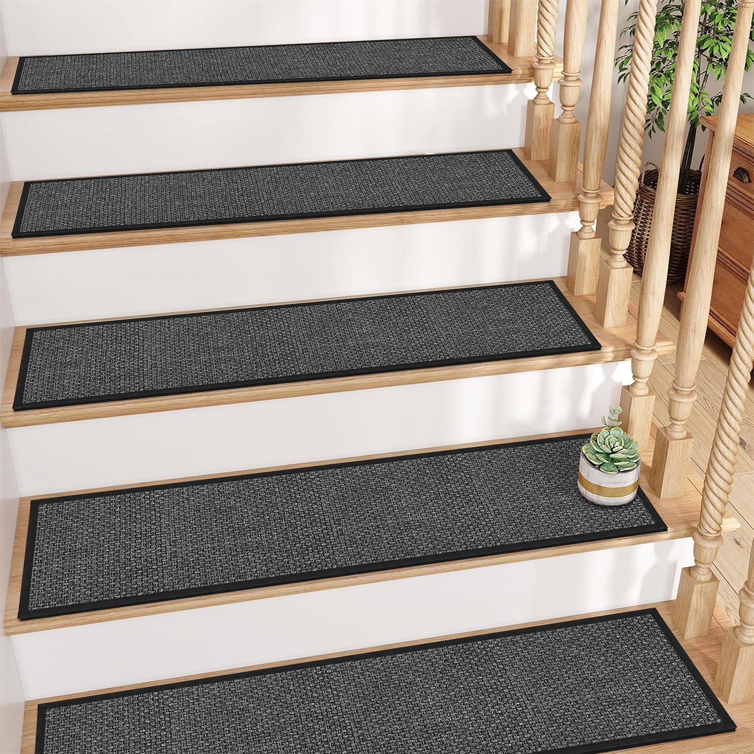 BEQHAUSE Lot de 4 tapis d'escalier pour marches en bois - 100 % polyester - Doux - Auto-adhésif