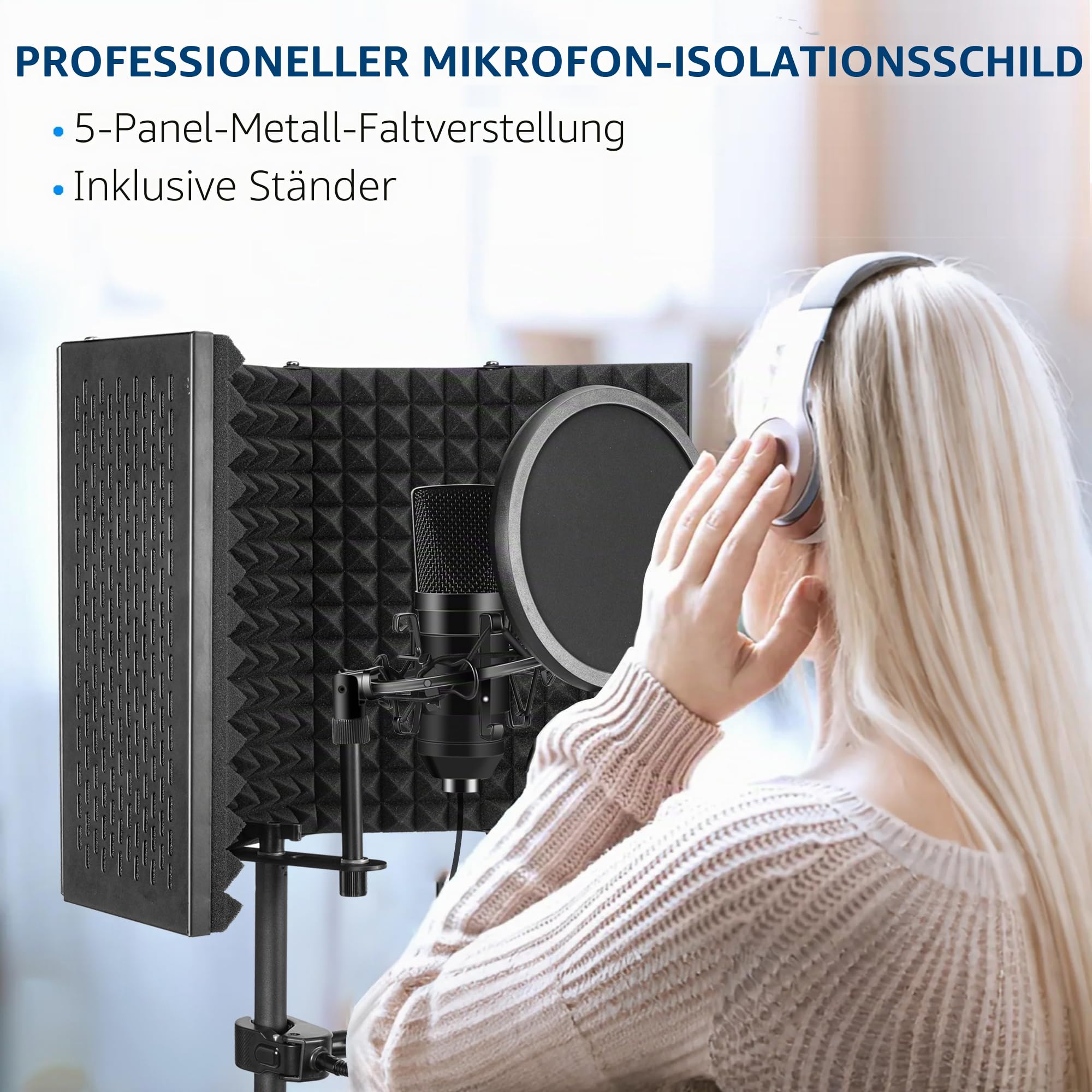 Mikrofon Isolationsschild Set, Schaumstoffschutz mit Pop-Filter, Stativständer, Faltbares Design