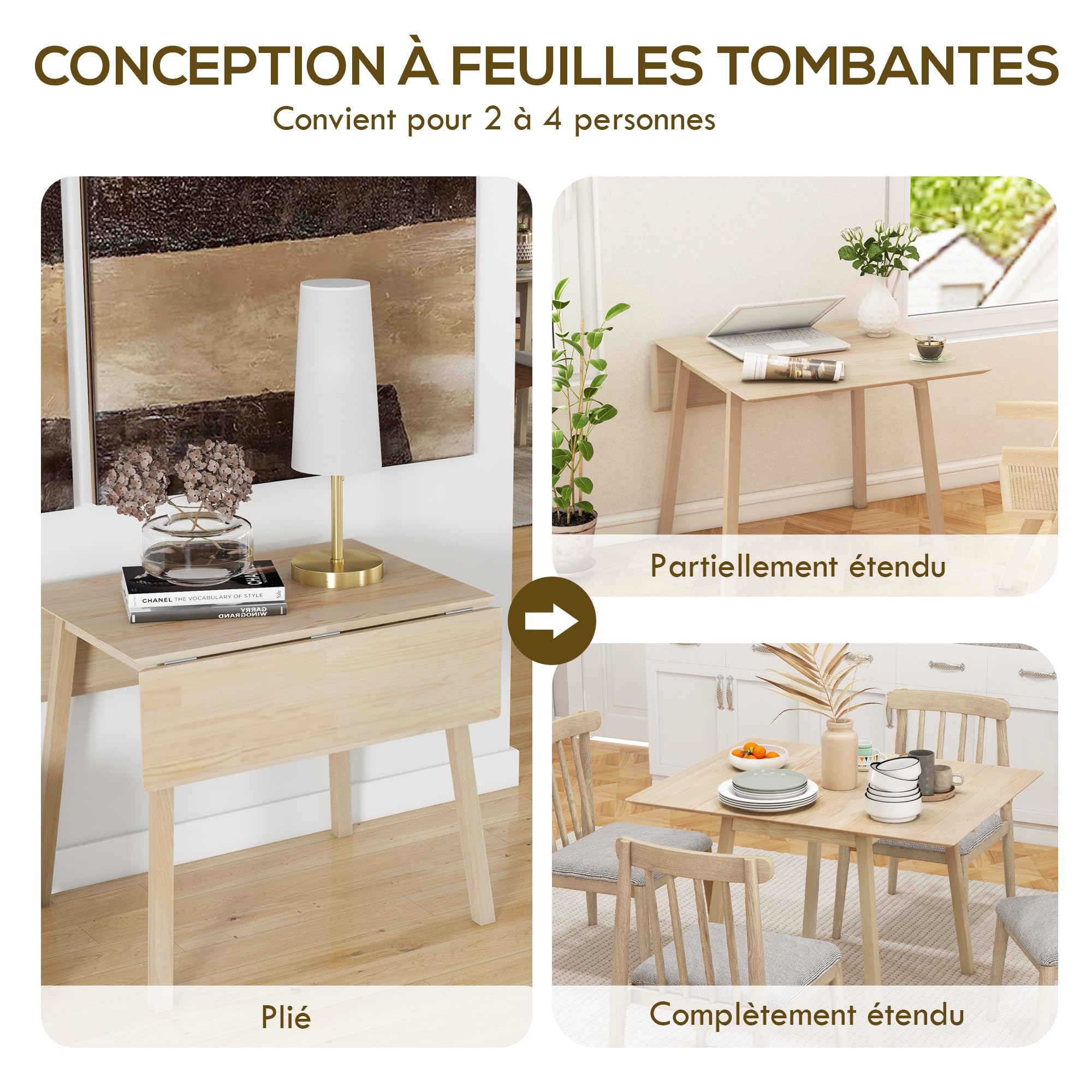 HOMCOM Table de Cuisine Pliable Table à Manger Pliante avec Plateau Rabattable en Bois pour 2 à 4 Personnes, Bois Naturel