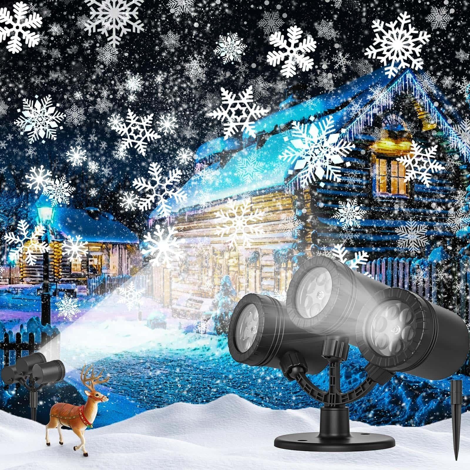 Luces navideñas con proyector de copos de nieve para exteriores 2025 Proyector de copos de nieve triple mejorado con proyector LED dinámico de nevada para la decoración navideña [clase energética A]