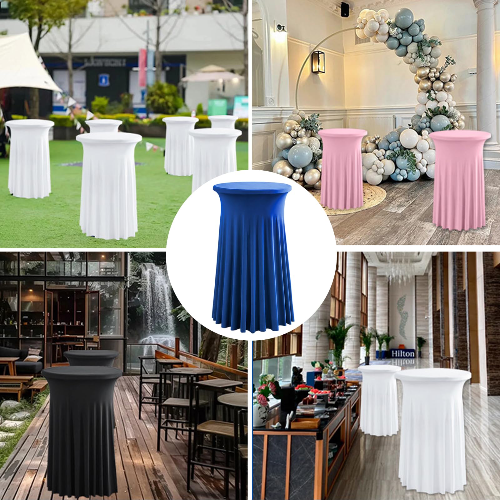 Nappe Mange Debout Ronde, 80x110 cm Housse pour Table Haute en Spandex, Nappe de Cocktail avec Jupe pour Banquet Mariage Anniversaire Bar Table,Champagne,5pcs