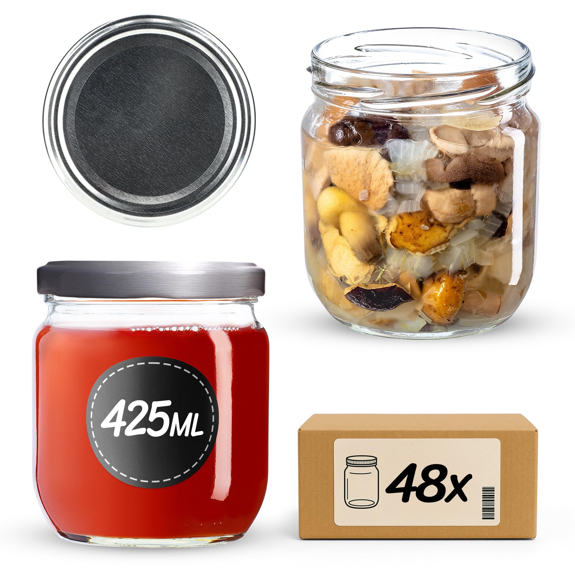 Set di 48 barattoli da 425 ml KADAX TO82 argento, vasetti Mason Jar con coperchio a vite, barattoli ermetici con chiusura twist-off, preparazione dei pasti, overnight oats, lievito madre
