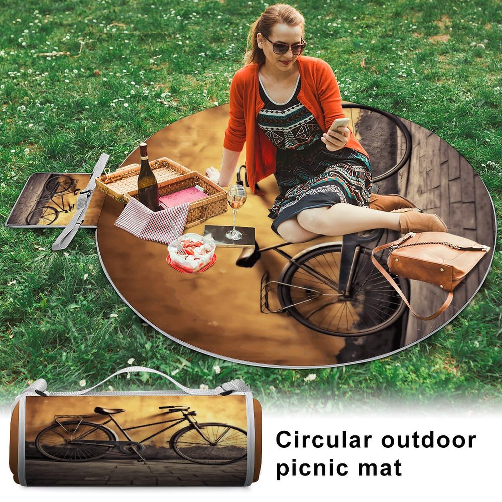 Tappetino da picnic rotondo, stampa vecchia bicicletta coperta da picnic all'aperto pieghevole tappetino da picnic portatile versatile coperta da picnic