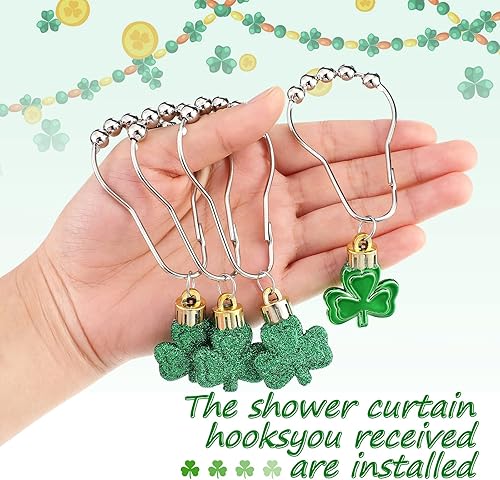 Miniatura 3 de Juego de 12 ganchos para cortina de ducha del día de San Patricio tréboles decoración para cortina de ducha anillos de acero inoxidable resistentes