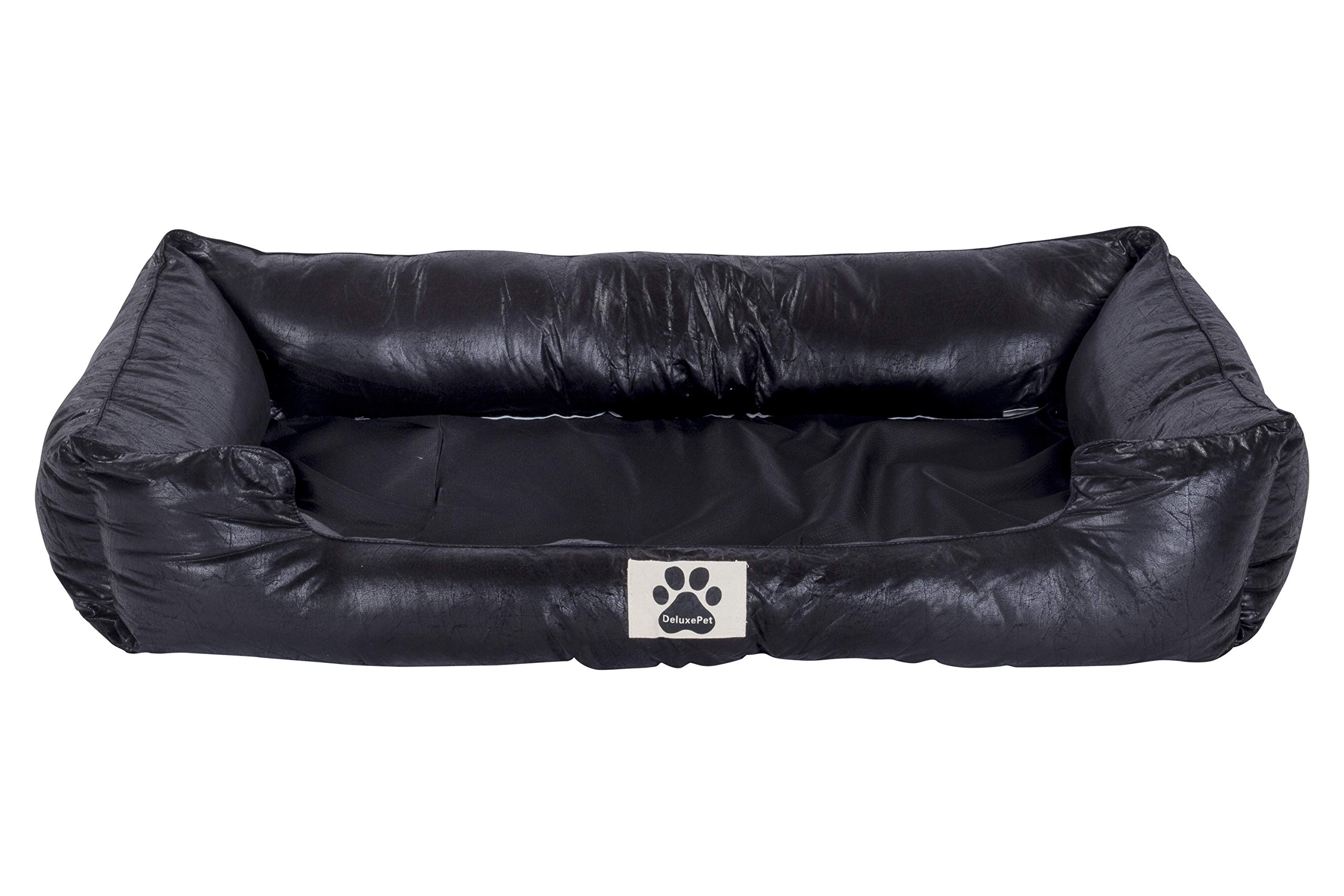 DeluxePet 'Schlummer' Hundebett schwarz 120x80 aus Kunstleder mit 2in1 Wendekissen, Hundekissen für große Hunde mit einer Fell und Leder Seite, Seiten weich gepolstert, Anti-Rutsch Rückseite