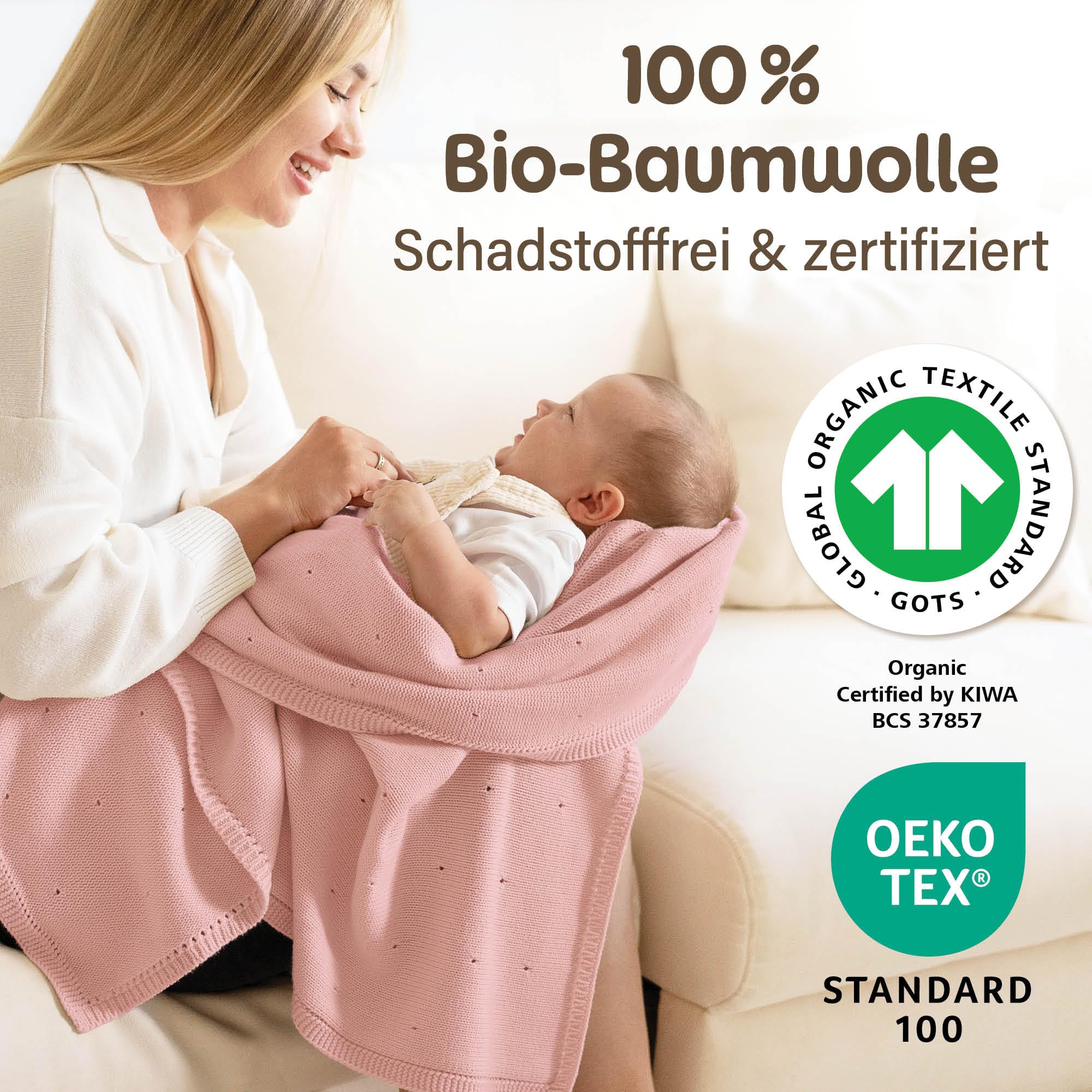 Merle Toys® Premium Babydecke Baumwolle, 100% Bio - GOTS & Oeko-TEX Zertifizierte Strickdecke, Baby Decke Neugeborenen, Kuscheldecke Baby, Blanket Newborn Cotton, Babydecke Bio Baumwolle, Rosa