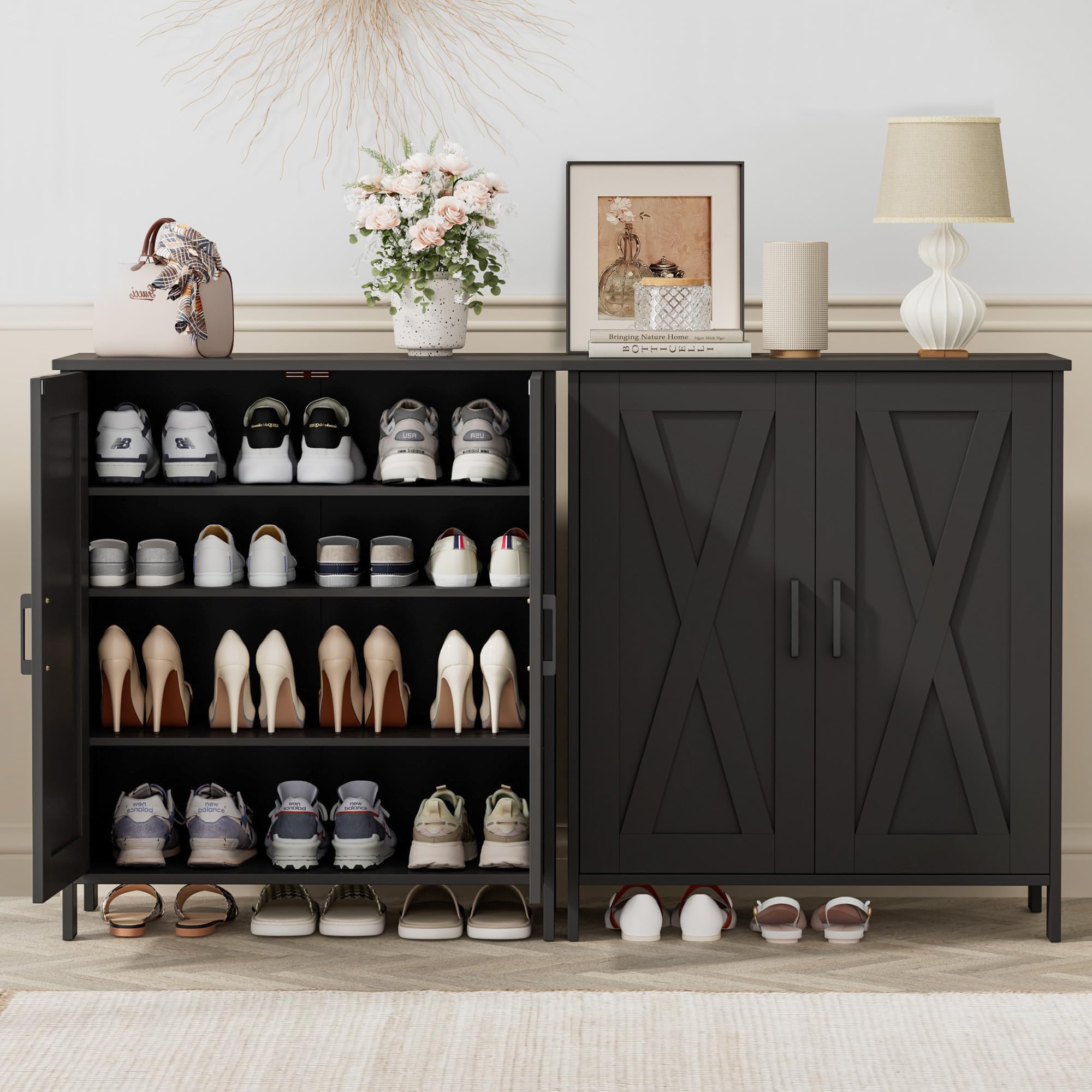 Homleke Farmhouse Shoe Cabinet with 2 Barn Doors & Wood Legs — product photo