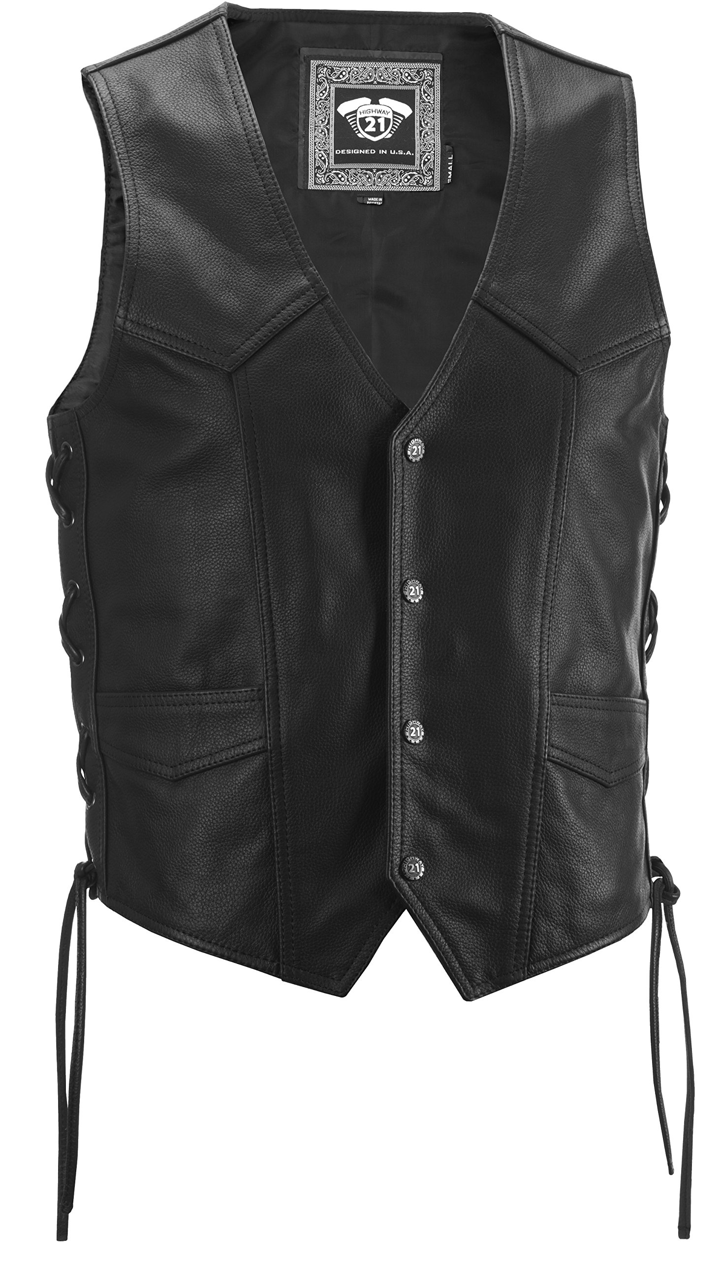 Highway 21 Six Shooter Men's Leather Motorcycle Vest W/Concealed Carry Pocket Black Size Medium