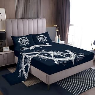 Queen Size Sheets Set Simple Hand-Painted Logo Design, Soft Microfiber 4 Piece Bed Sheets Fitted Sheet & Pillowcases Navy, 16 Inch Extra Deep Pocket Wrinkle Fitted Bedsheet