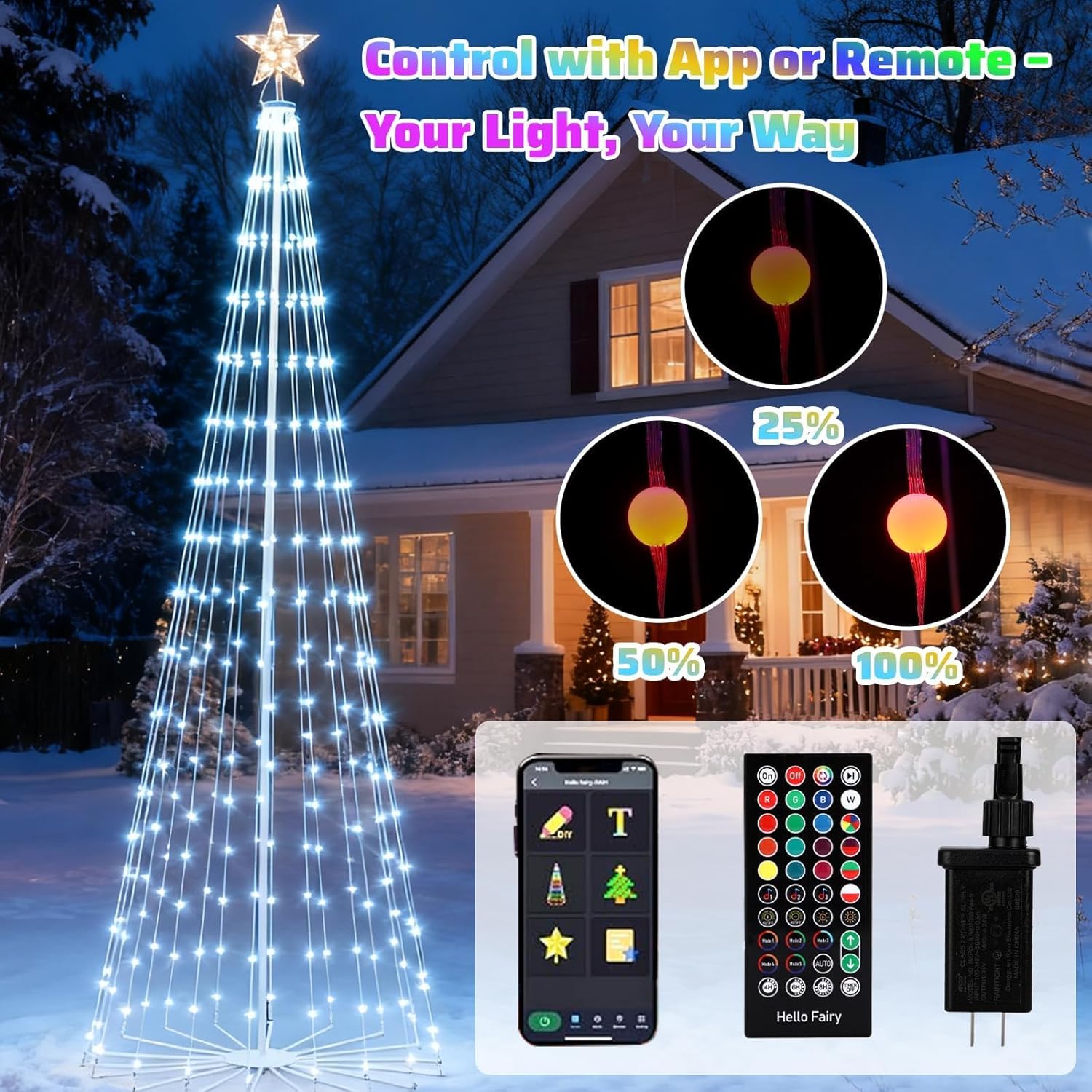 Outdoor LED Christmas Tree 7FT RGB Smart Cone Tree, 295 LED App & Remote Controlled Christmas Lights - DIY Light Show, Music Sync, Timer, IP44 Waterproof Yard Lawn Patio Holiday Decorations