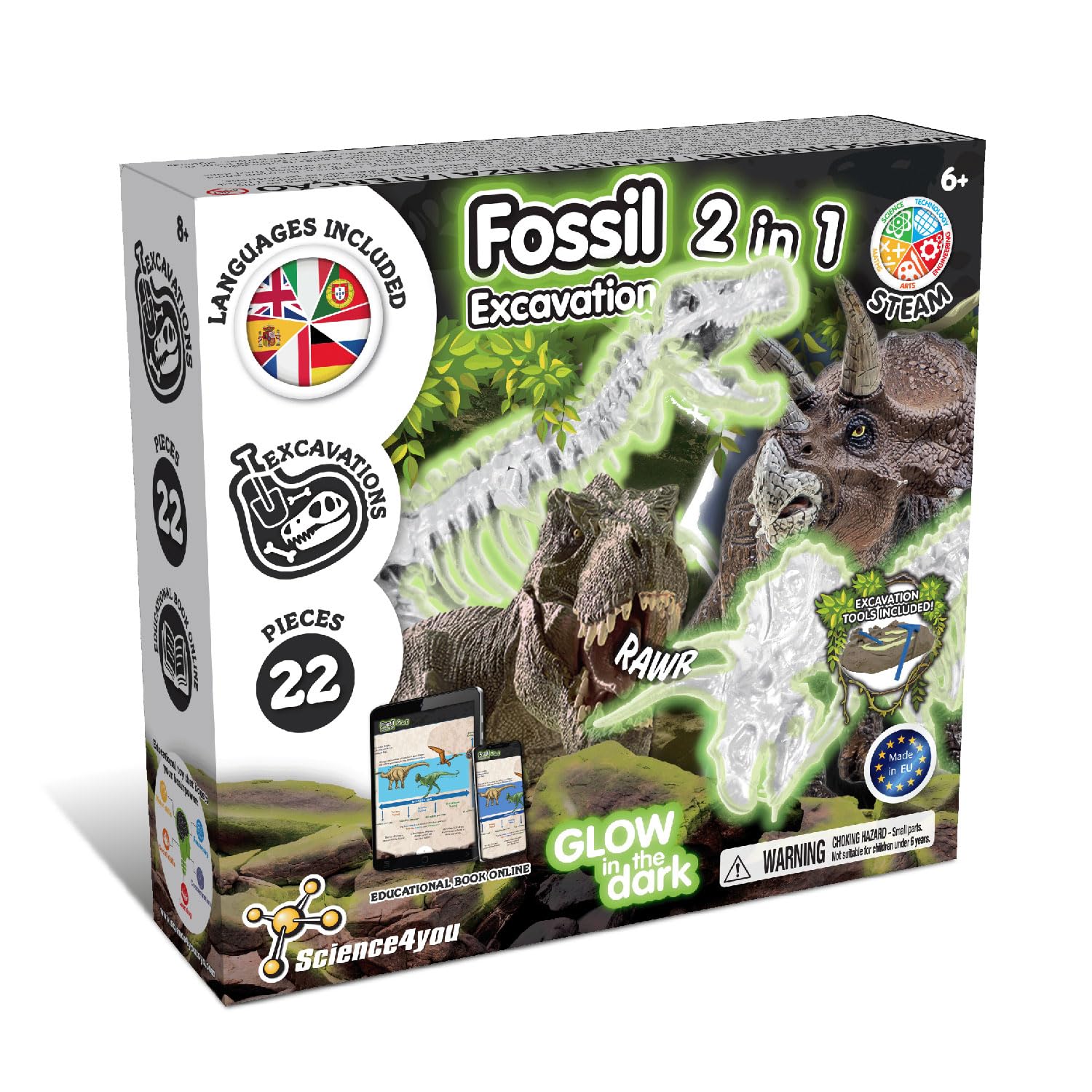 Science4you Dinosaur Fossil Excavation Kit 2 in 1 - Glow-in-the-dark Fossil Digging Kit for Kids, Build 2 Dinosaur Fossils, 22 pieces, Archeology Set - Dinosaur Toys, Games for Boys and Girls Age 6+