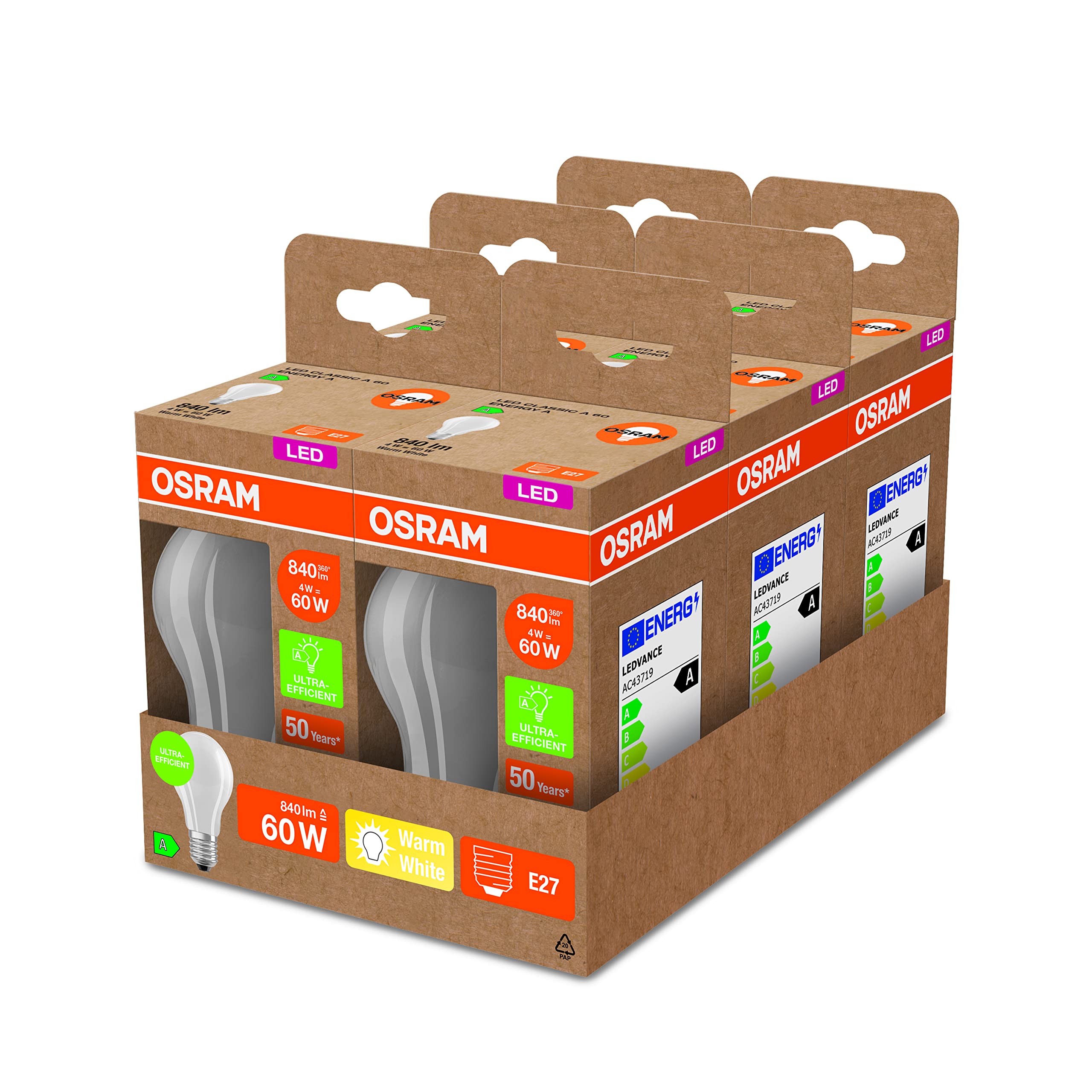 OSRAM Lampa LED Energooszczędna, Bańka ze Szkła Matowego, E27, Ciepła Biel 3000K, 4 W, Zastępuje Żarówkę 60W, Energooszczędna, 6 szt