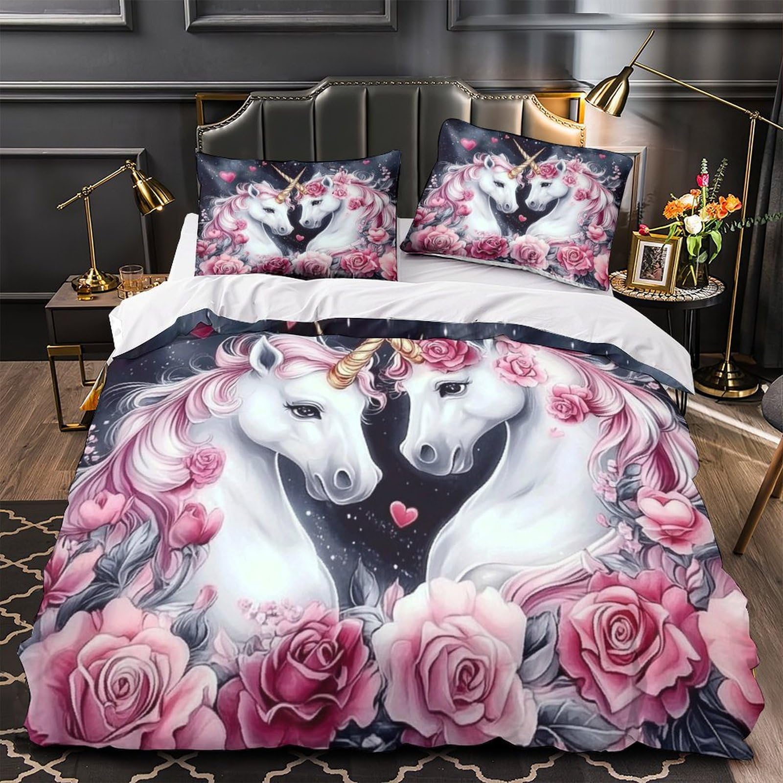 Einhorn-Pärchen 3D-Druck 3er-Set Kuschelbezug Romantischer Fantasy Bettbezug Mikrofaser Reißverschluss Atmungsaktiv für Kleinkinder Kinder Erwachsene King（220x240cm）