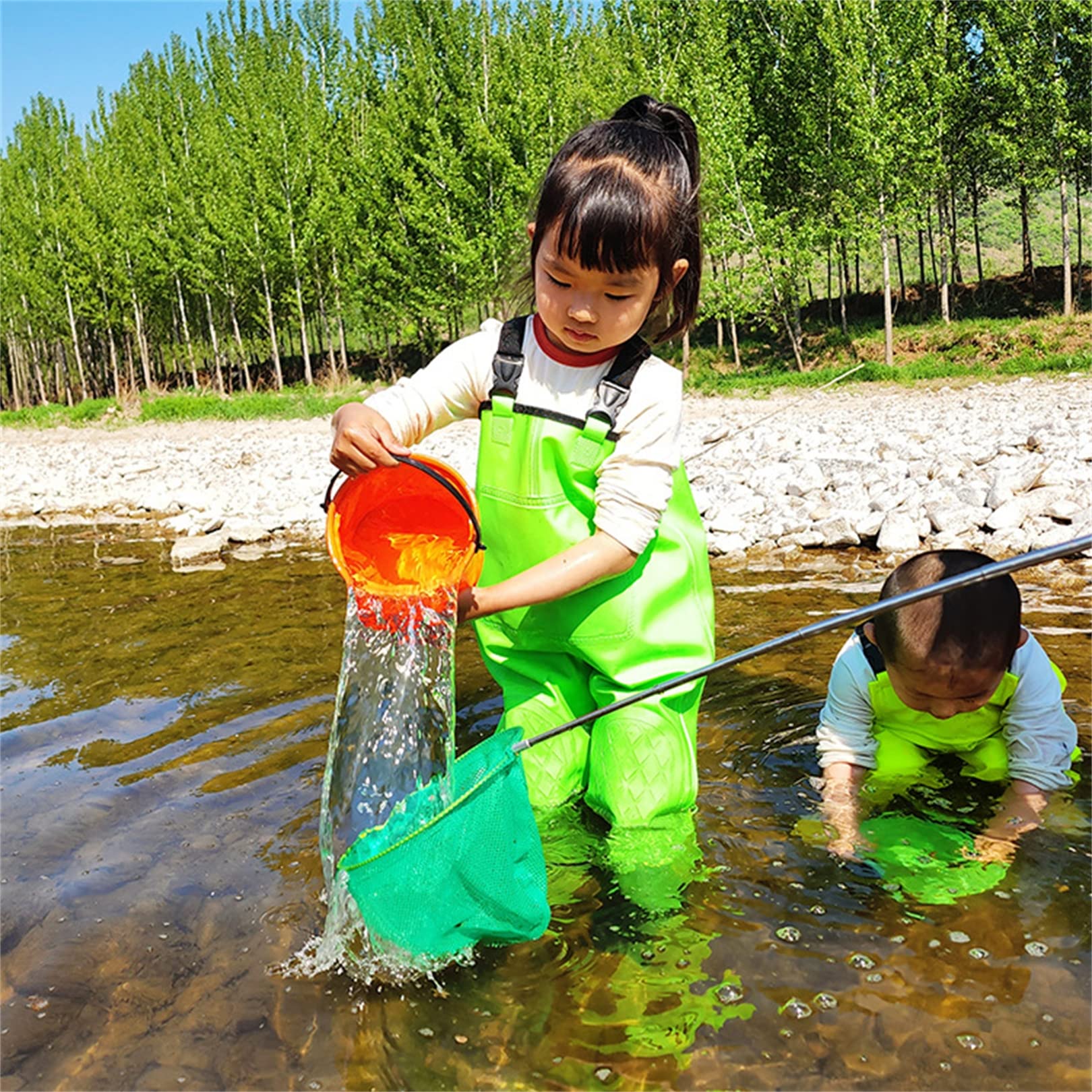 Tuta per Bambini Pantaloni da Wading Impermeabili con Stivali Pioggia attività All'aperto Ragazze Ragazzi Pantaloni Wader in PVC Tracolla Regolabile Pantaloni Pesca Stivali Caccia