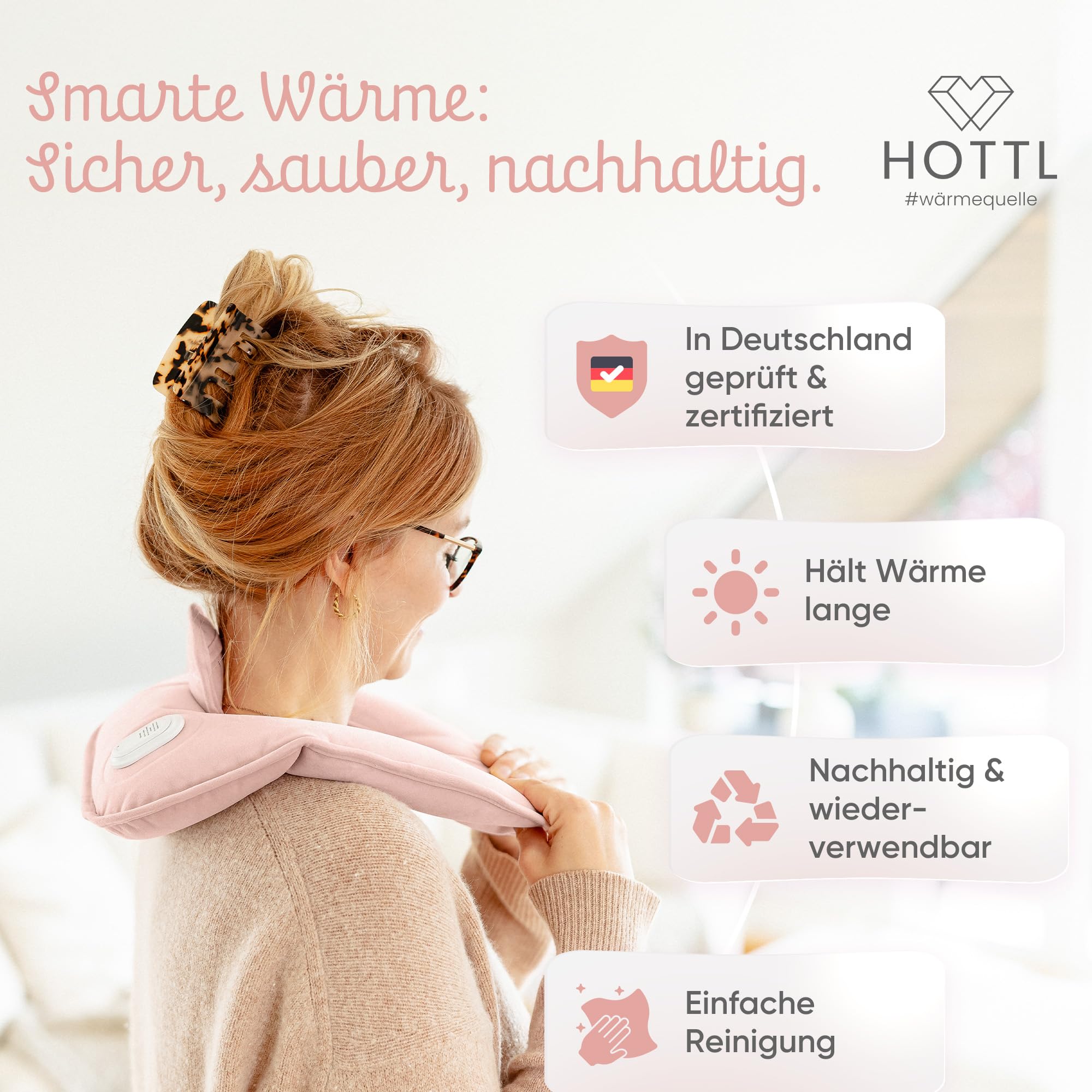 Elektrischer Nackenwärmer ohne Wasserbefüllung | Wärmeflasche für Nacken, Rücken & Schulter – schnelle Wärme auf Knopfdruck, sicher & flexibel | HOTTL (Cherry blossom pink)