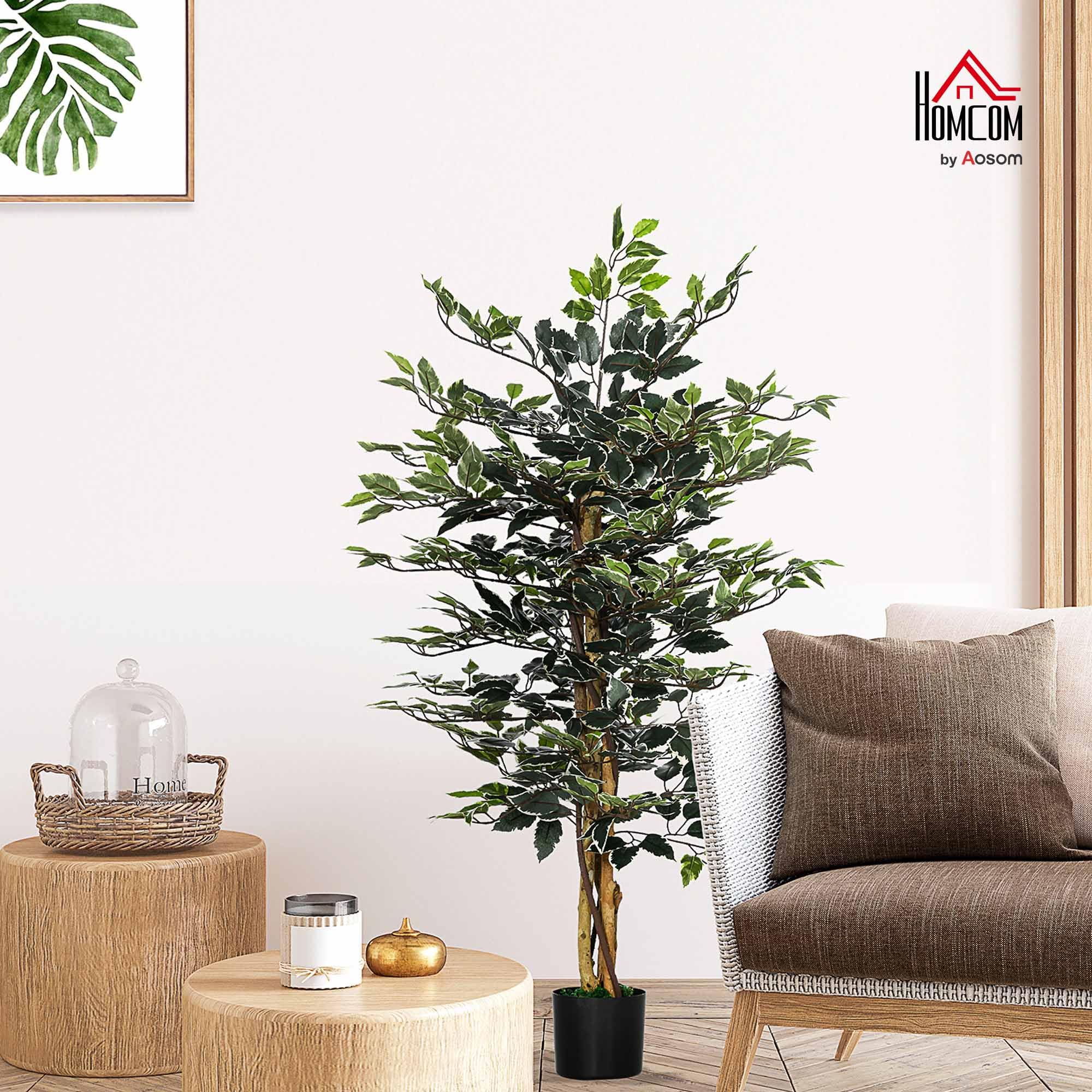HOMCOM Pianta Artificiale di Fico Finta 130 cm 702 Foglie Verde/Bianco | 3 Tronchi, Vaso Ø15x12.5 cm, Interno, Ufficio, Soggiorno, Camera da Letto