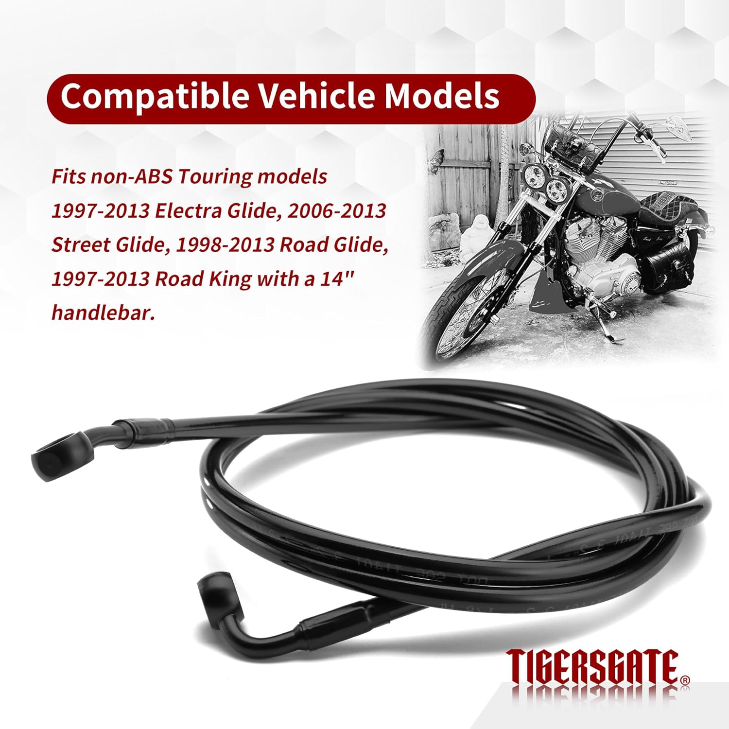 14" Ape Hanger 58.7" Touring Front Brake Line Extended Hydraulic Hose Black Vinyl Steel Braided for 1997-2013 Electra Glide/Street Glide/Road Glide/Road King Non-ABS Models