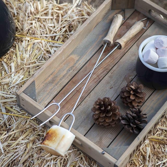 CKB LTD Set Of 2 BBQ Forks Long 43cm Stainless Steel And Acacia Wood With Hook - Ideal For Barbecues Cooking Sausages Roasting Marshmallows