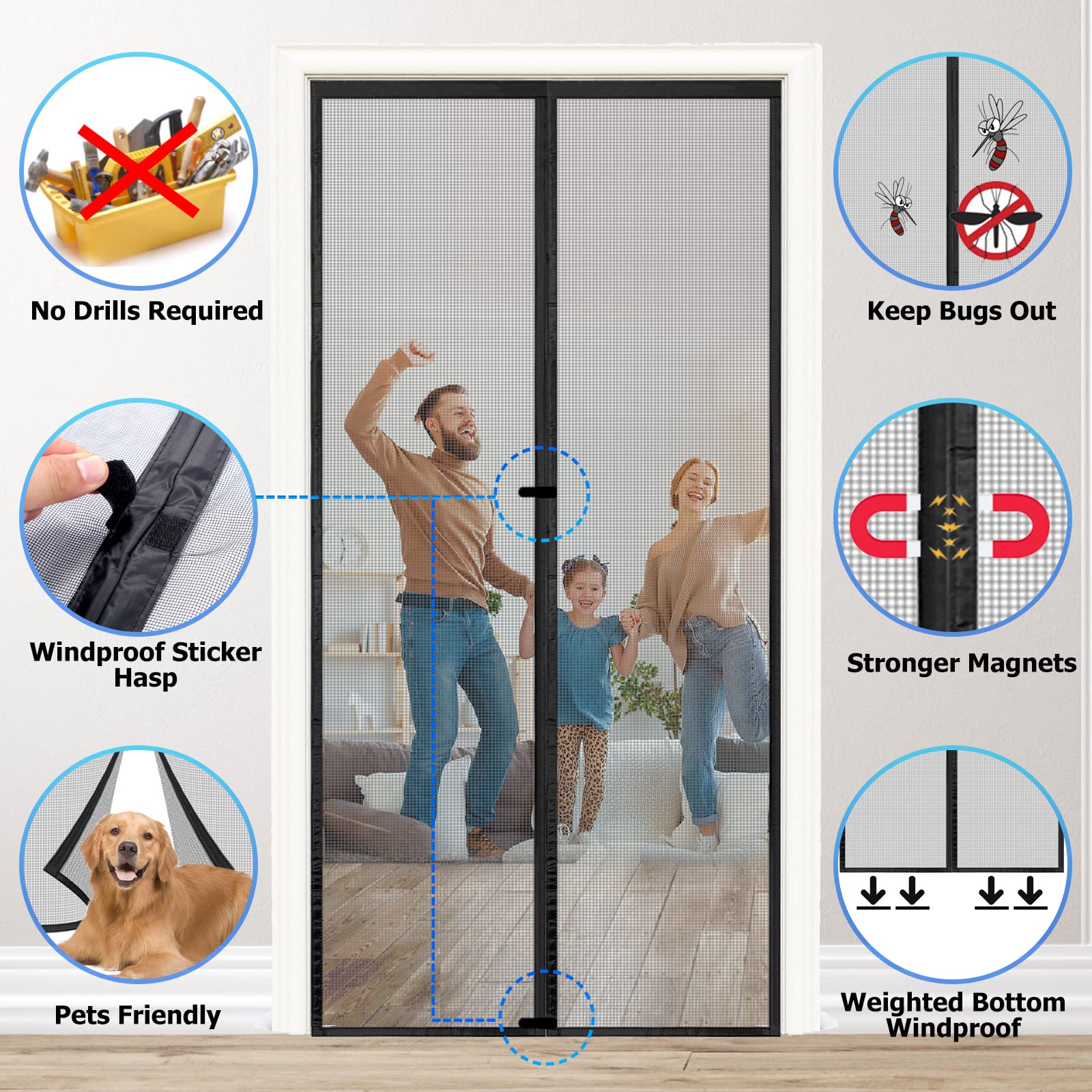 Magnet Vorhang für Tür 120x190 cm, Fliegengitter mit verstärktem Fiberglasgewebe, Insektenschutz Montage ohne Bohren, Automatisches Schließen, Reißfest & Haustierfreundlich - Schwarz