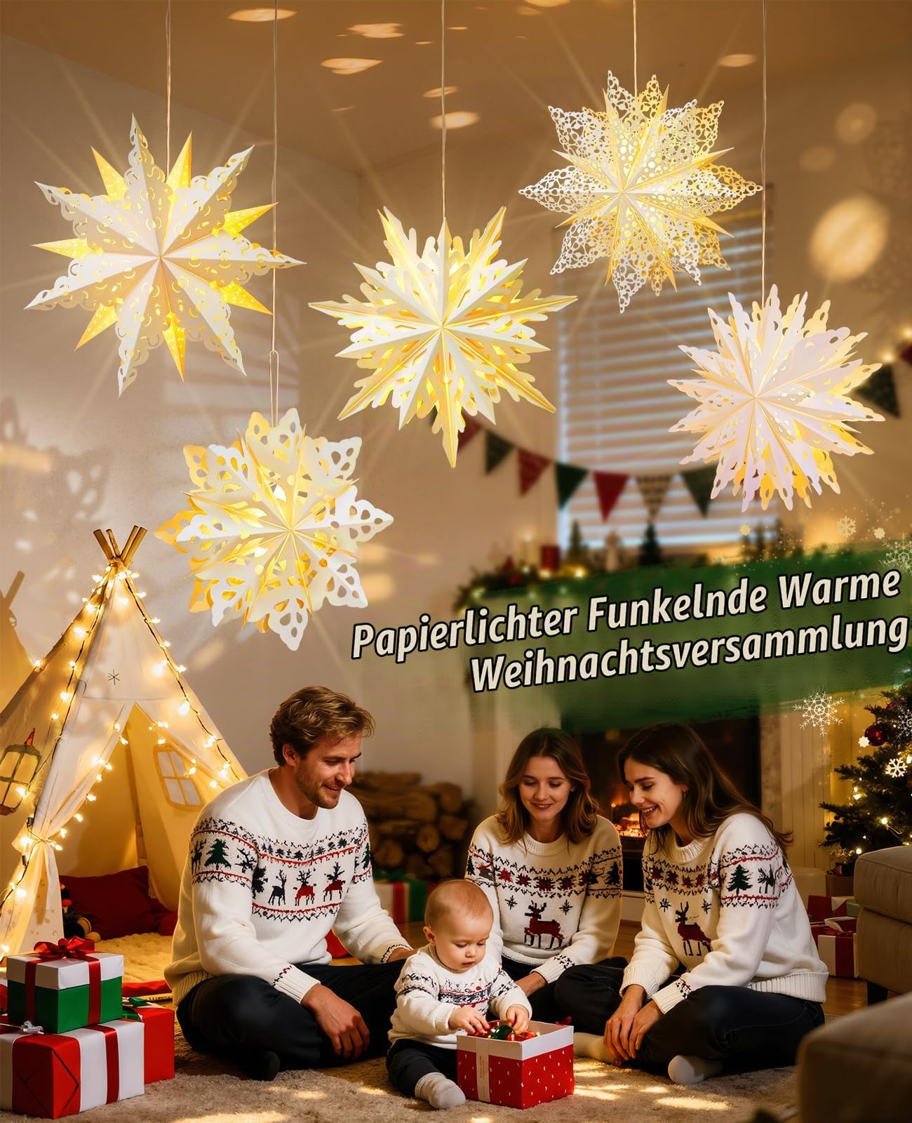 Luxspire Papiersterne zum Aufhängen, 45cm Papiersterne Weihnachten mit Lichterkette Fernbedienung, 5 Pack faltbare Papierstern mit Beleuchtung für Weihnachten Urlaub