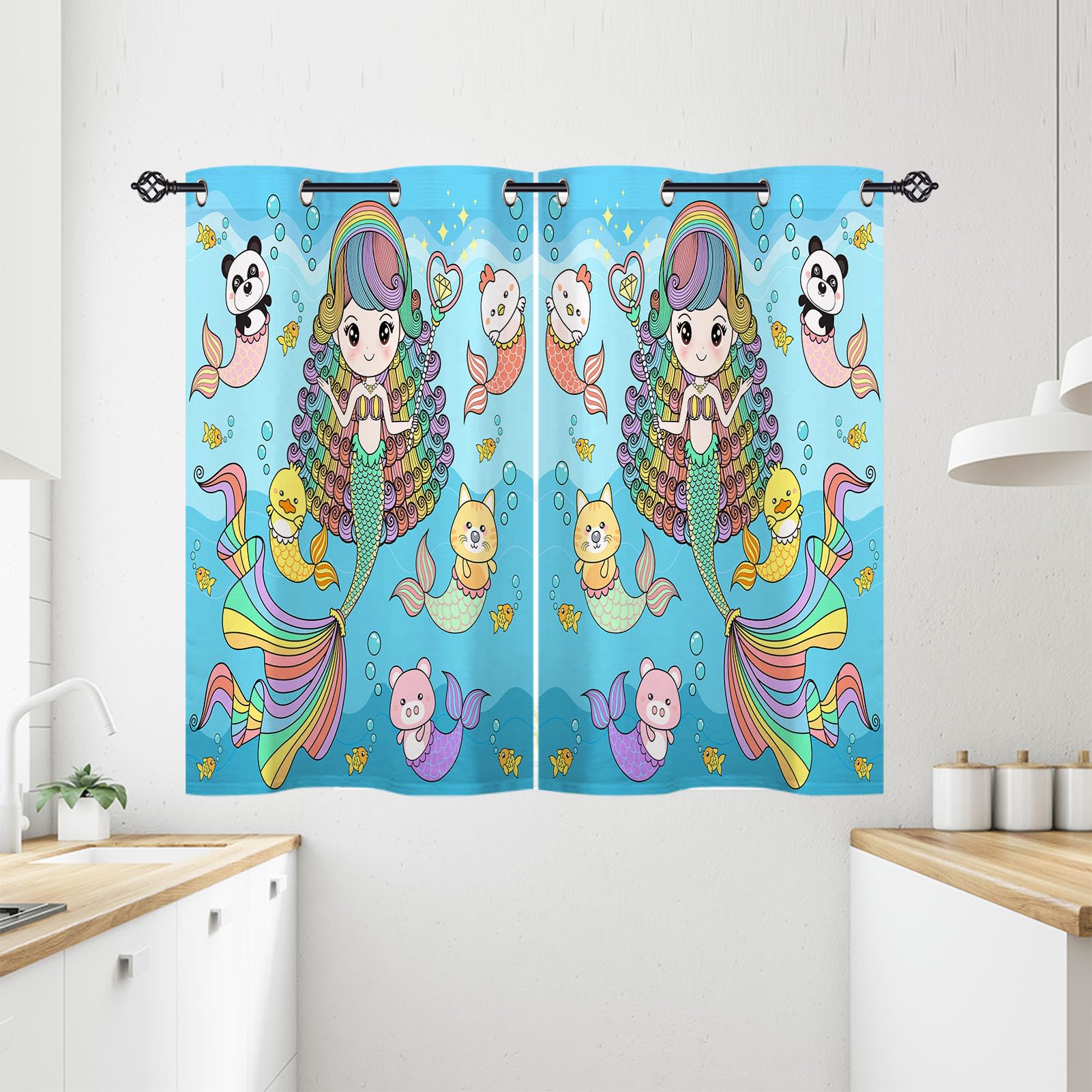 ANHOPE Cute Mermaid Princess Blackout Curtains Eyelet 2 Panels 28 x 54 Inch
