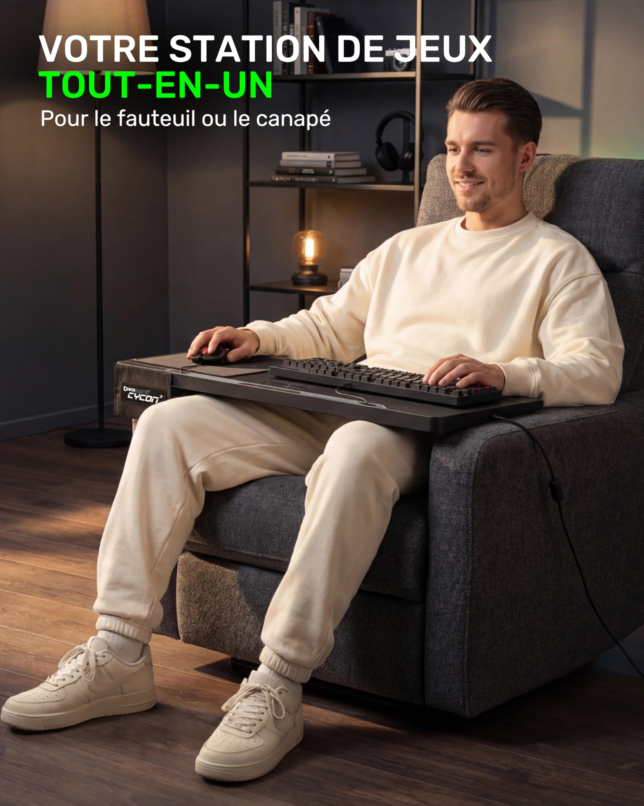 Couchmaster Plateau ergonomique pour ordinateur portable avec barre de jeu HORIZONLIGHT RGB et hub USB pour PC, PS4/5, Xbox One/Series X